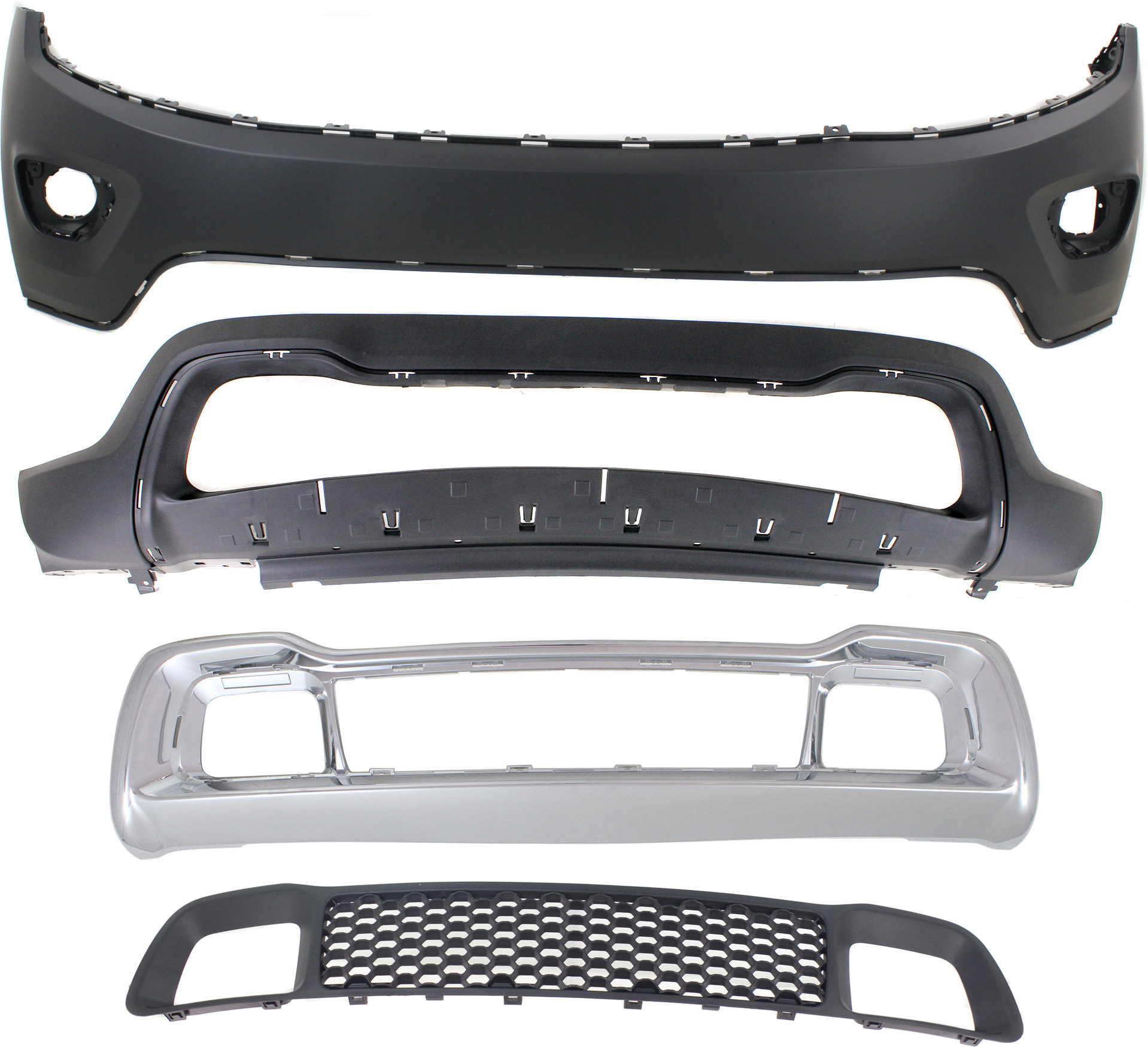 AM GRAND CHEROKEE 14-16 FRONT BUMPER GRILLE Plastic 4 pc kit with Bumper Covers SKU KIT 021818-138 Partslink CH1036128 CH1037107 CH1015114 CH1014105 OEM 68141936AD 68143105AC 68143076