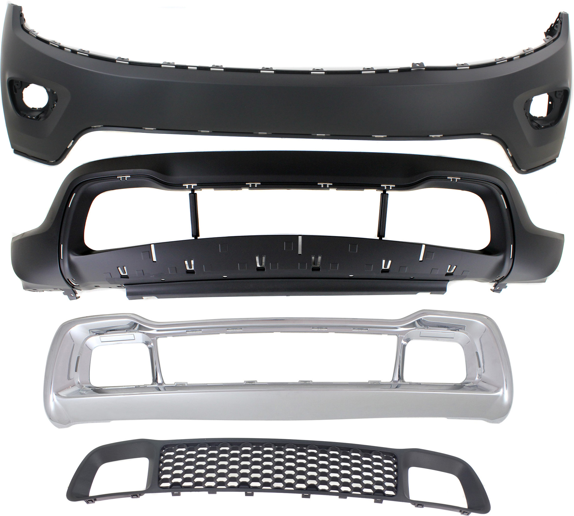 AM GRAND CHEROKEE 14-16 FRONT BUMPER COVER Upper and Lower Primed top Textured Bottom 4 pc Kit with Bumper Grilles SKU KIT 021818-140 Partslink CH1014105 CH1015115 CH1036128 CH1037107 OEM 1WL27TZZAC 1WL30TZZAD 68141936