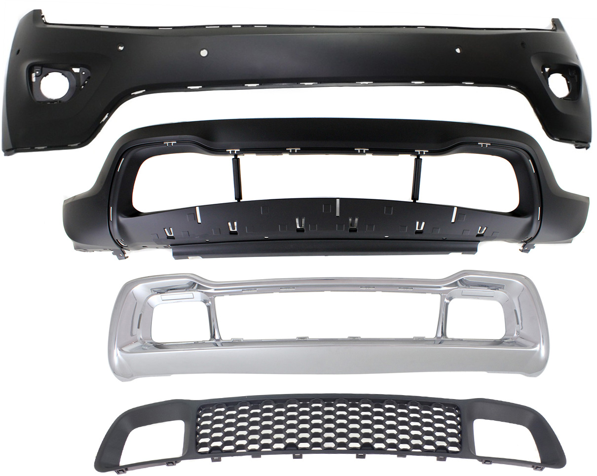 AM GRAND CHEROKEE 14-16 FRONT BUMPER COVER Upper and Lower Primed top Textured Bottom 4 pc Kit with Bumper Grilles SKU KIT 021818-143 Partslink CH1014109 CH1015115 CH1036128 CH1037107 OEM 1WL30TZZAD 68214172AA 68141936