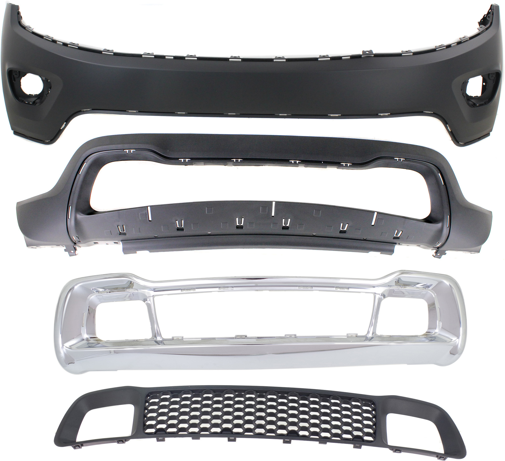 AM GRAND CHEROKEE 14-16 FRONT BUMPER GRILLE Plastic 4 pc kit with Bumper Covers CAPA SKU KIT 021818-156 Partslink CH1014105C CH1015114C CH1036128C CH1037107C OEM 1WL27TZZAC 68141936AD 68143076