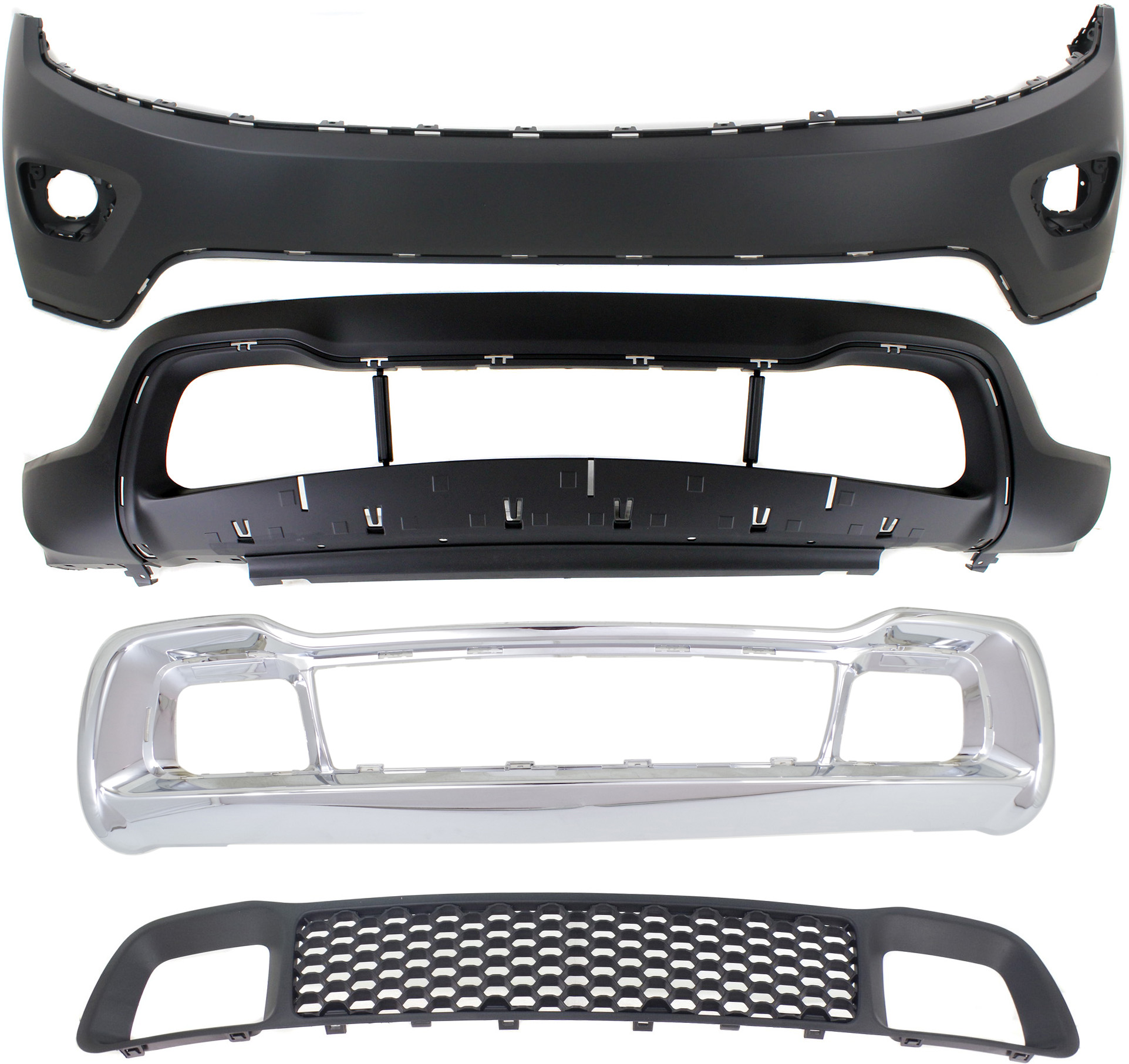 AM GRAND CHEROKEE 14-16 FRONT BUMPER GRILLE 4 pc kit with Bumper Cover CAPA SKU KIT 021818-158 Partslink CH1014105C CH1015115C CH1036128C CH1037107C OEM 1WL27TZZAC 1WL30TZZAD 68141936