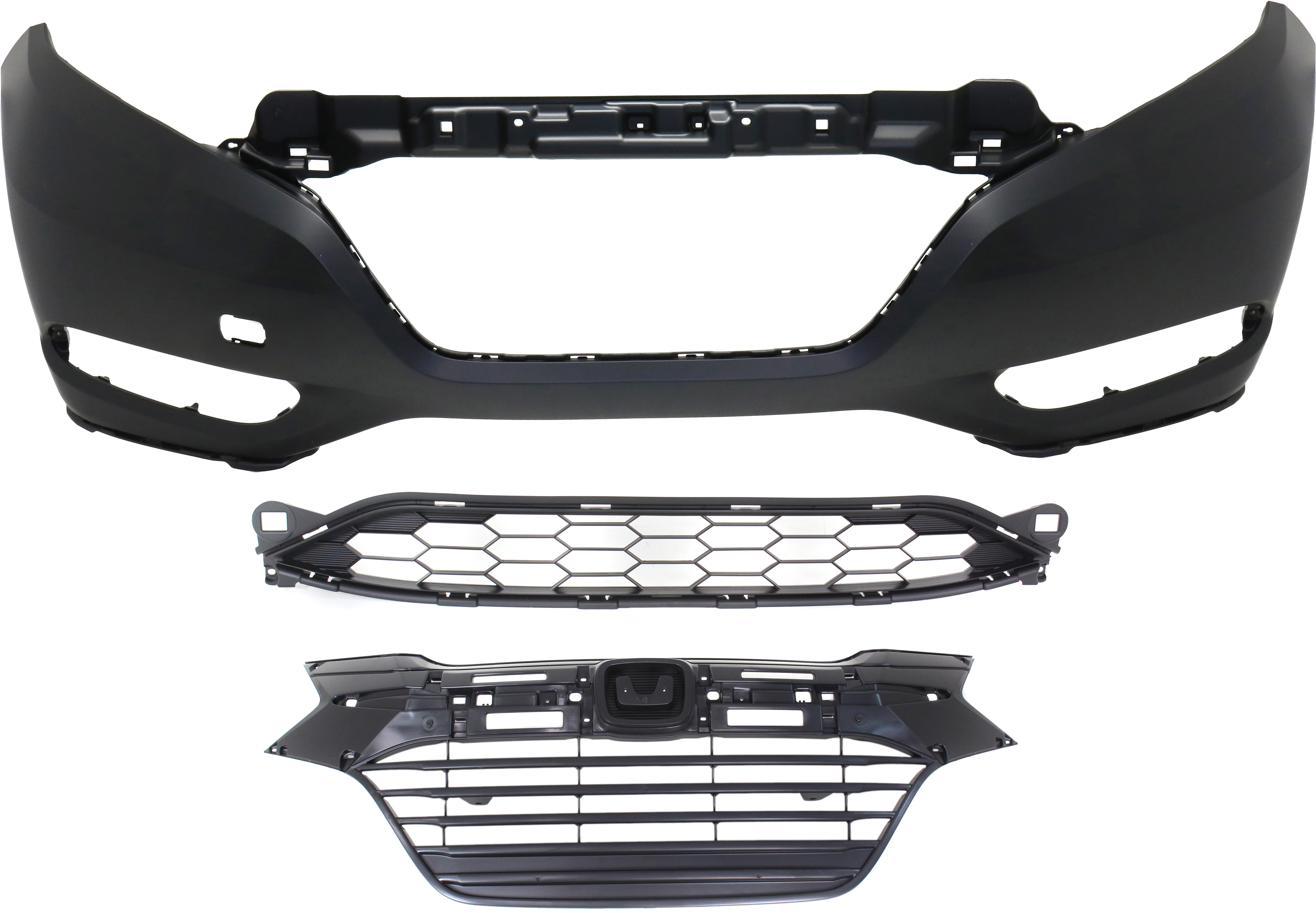 AM HR V 16-18 FRONT BUMPER COVER 3 pc Kit Primed w o parking aid sensor holes with Bumper Grille and Grille CAPA SKU KIT 021818-15 Partslink HO1000301C HO1036122C HO1200226C OEM 04711T7WA91ZZ 71103T7JH00-7112
