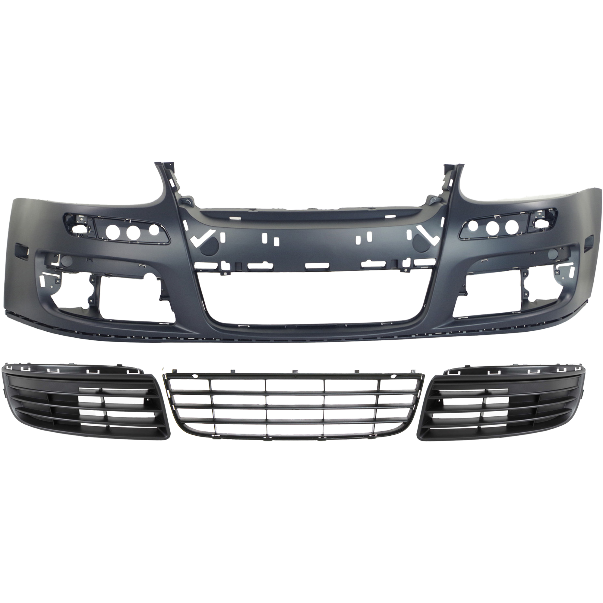AM JETTA 05-10 FRONT BUMPER COVER Primed 4 pc Kit w Fog Light Holes w Bumper Grille and Fog Light Covers SKU KIT 021818-167 Partslink VW1000161 VW1036108 VW1036107 VW1036106 OEM 1K0807217AGRU 1K0853665F9B9-1K