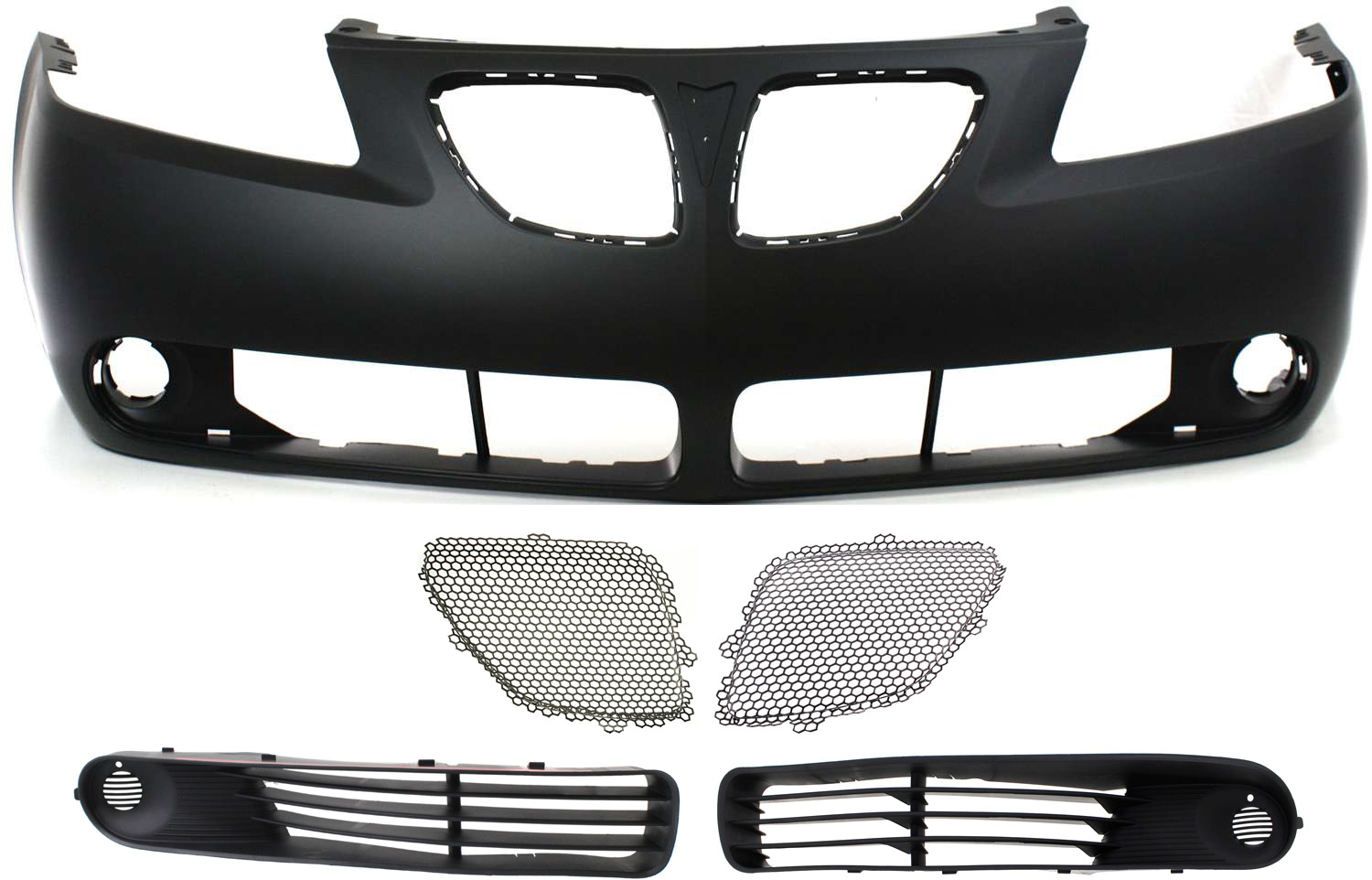 AM G6-05-09 FRONT BUMPER COVER 5 pc Kit with Fog Light Covers and Grille Inserts SKU KIT 021818-175 Partslink GM1000731 GM1038135 GM1039135 GM1200539 GM1200540 OEM 19151158-15243289-15243288-226