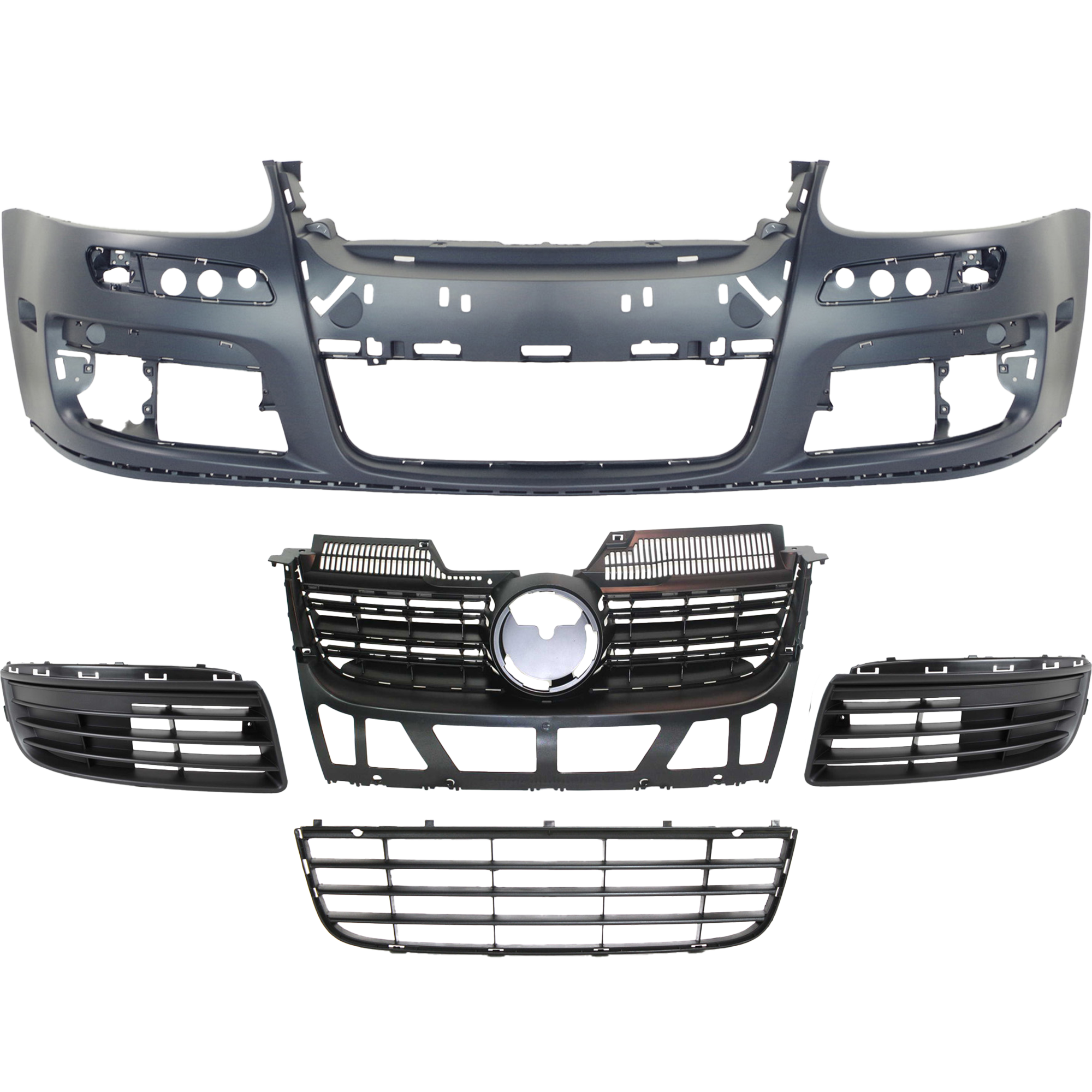 AM JETTA 05-10 FRONT BUMPER COVER Primed 5 pc Kit w Bumper Grille and Grille Assembly SKU KIT 021818-176 Partslink VW1000161 VW1036108 VW1036107 VW1036106 VW1200139 OEM 1K0807217AGRU 1K0853665F9B9-1K