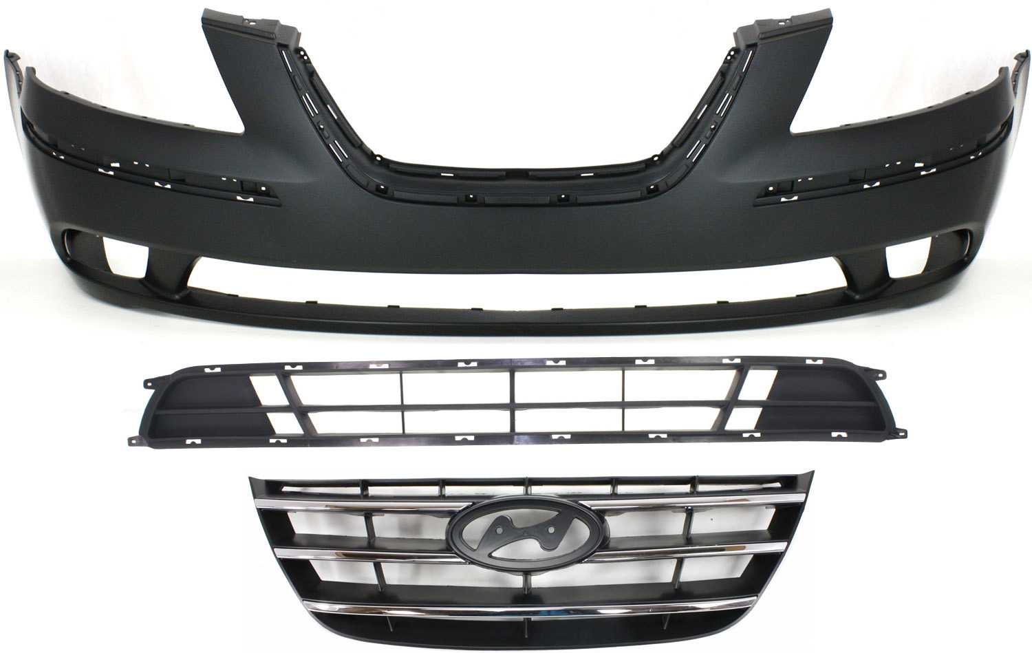 AM SONATA 09-10 FRONT BUMPER COVER 3 pc Kit with Bumper Grille and Grille SKU KIT 021818-20 Partslink HY1000178 HY1036111 HY1200152 OEM 865110A700-865613K500-863503K6