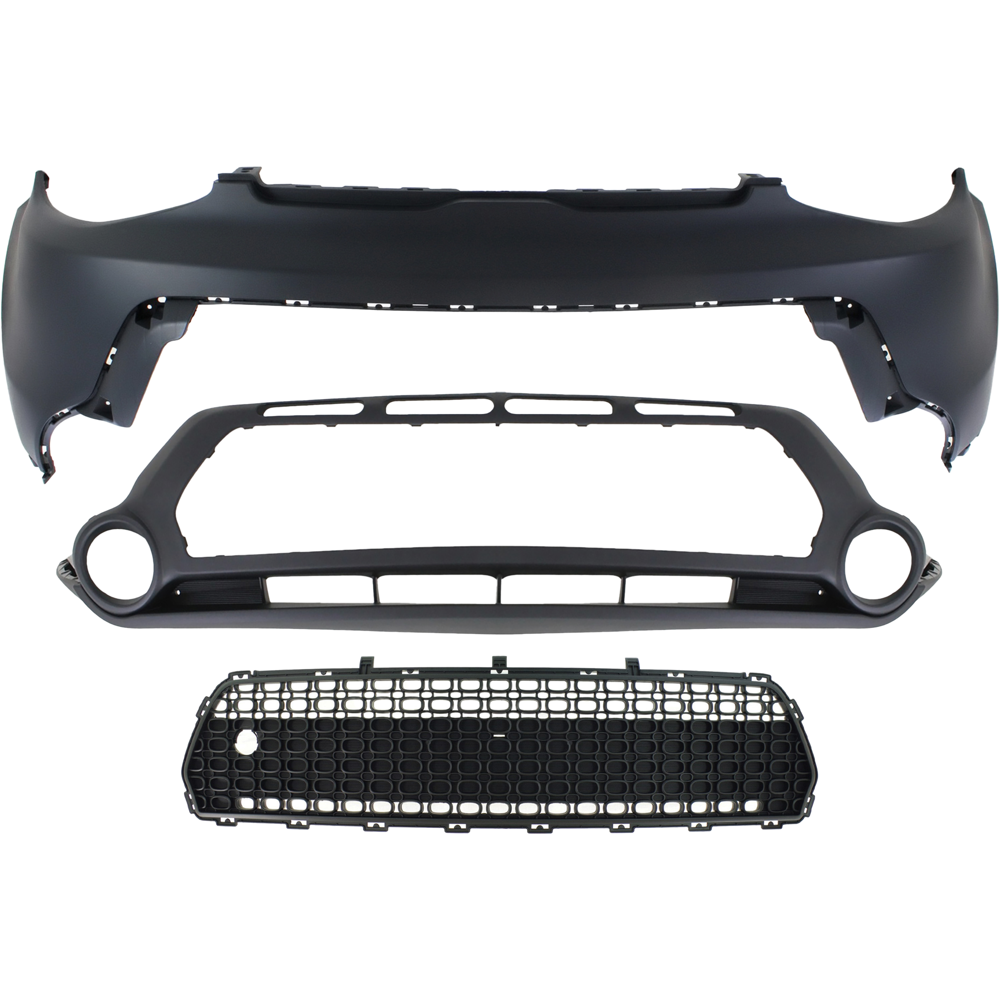 AM SOUL 14-16 FRONT BUMPER COVER Upper and Lower Primed top Textured Bottom 3 pc Kit with Bumper Grille SKU KIT 021818-58 Partslink KI1014100 KI1015104 KI1036119 OEM 86511B2000-86512B2000-86561B20