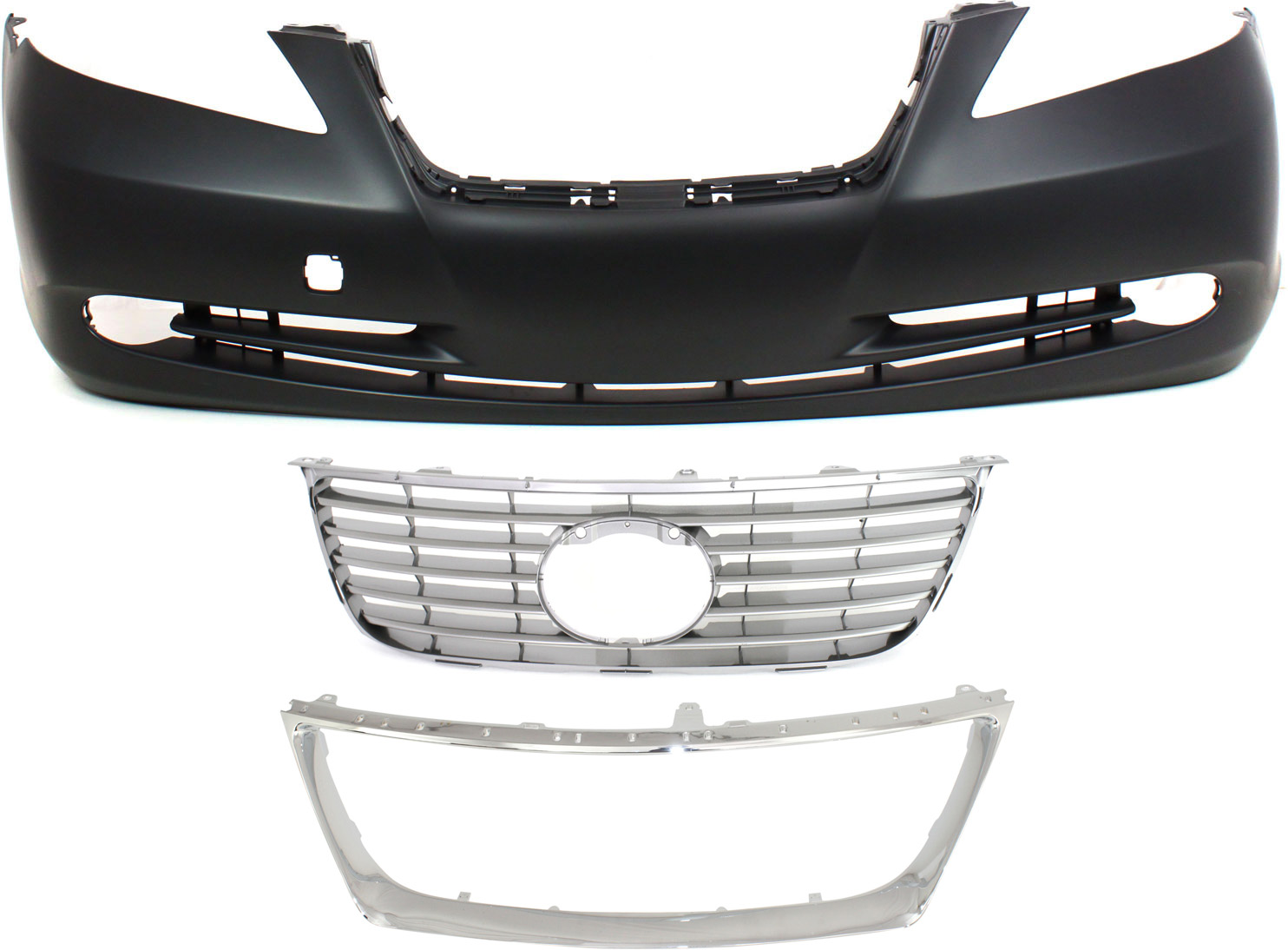 AM ES350-07-09 FRONT BUMPER COVER Primed 3 pc Kit with Chrome Grilles SKU KIT 021818-65 Partslink LX1000167 LX1202101 LX1200126 OEM 5211933945-5271133080-53111332
