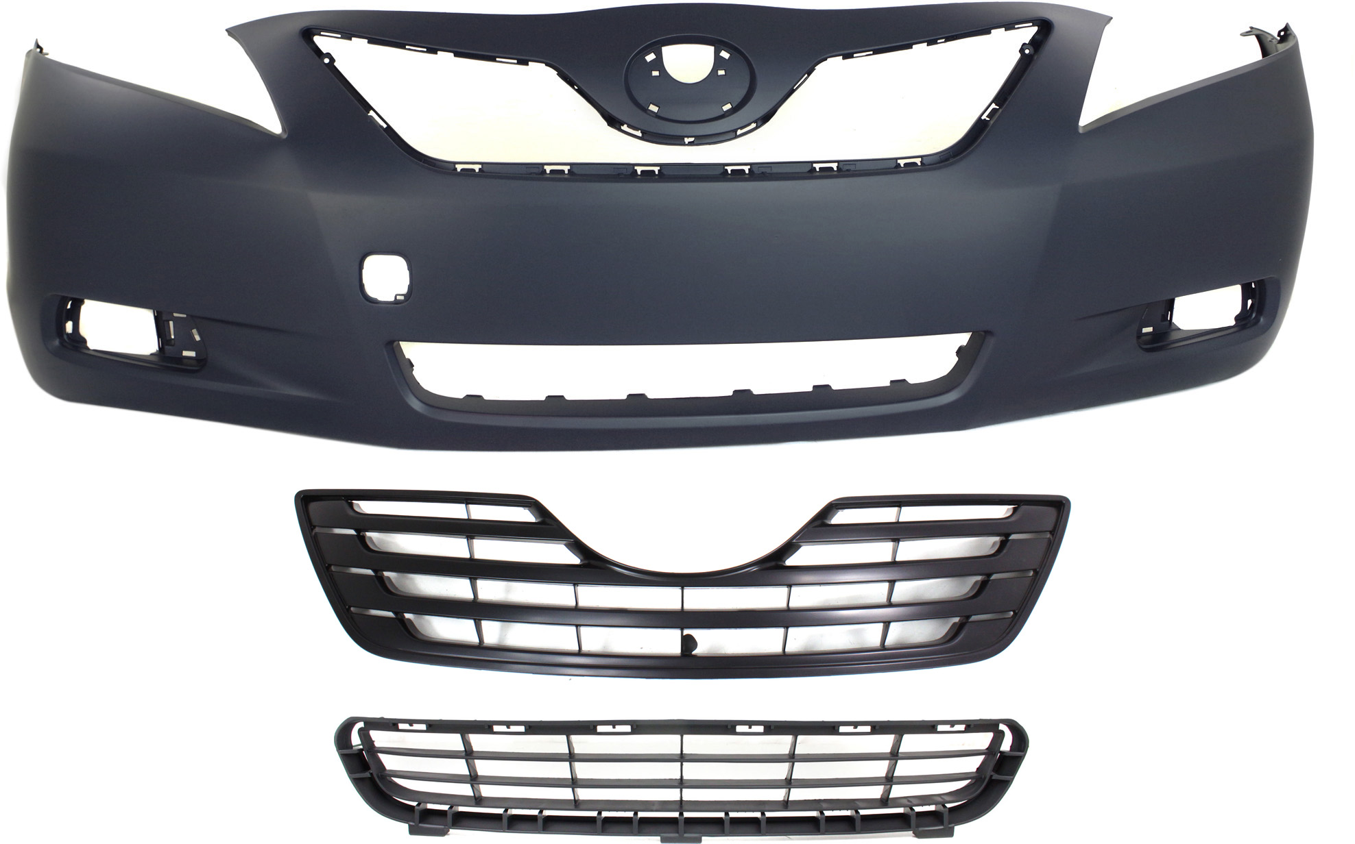 AM CAMRY 07-09 FRONT BUMPER COVER 3 pc Kit Primed Japan Built with Bumper Grille and Grille SKU KIT 021818-69 Partslink TO1000327 TO1036103 TO1200288 OEM 5211933943-5311206010-53111060