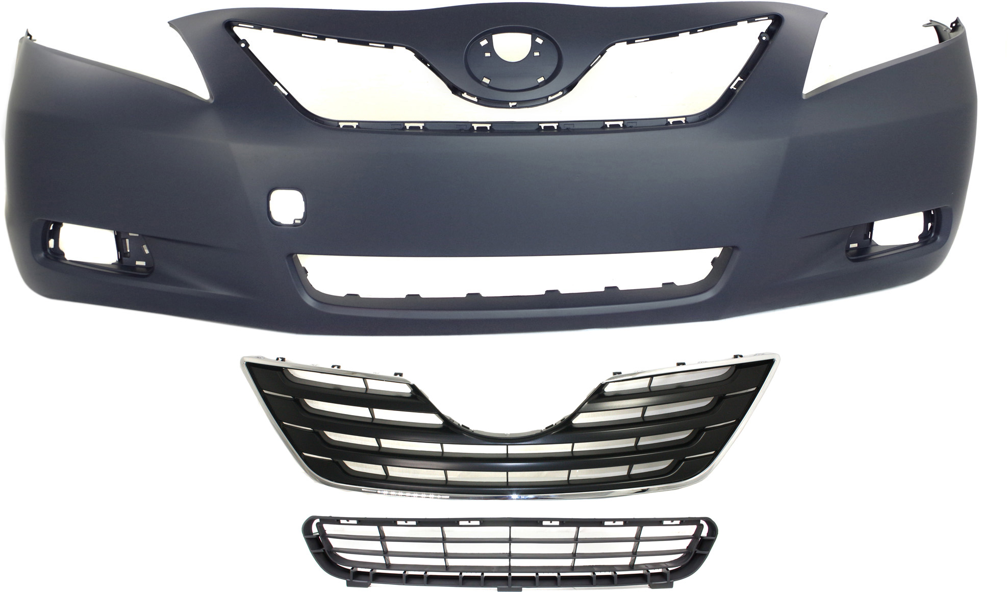 AM CAMRY 07-09 FRONT BUMPER COVER 3 pc Kit with Bumper Grille and Grille SKU KIT 021818-70 Partslink TO1000327 TO1036103 TO1200289 OEM 5211933943-5311206010-53101060