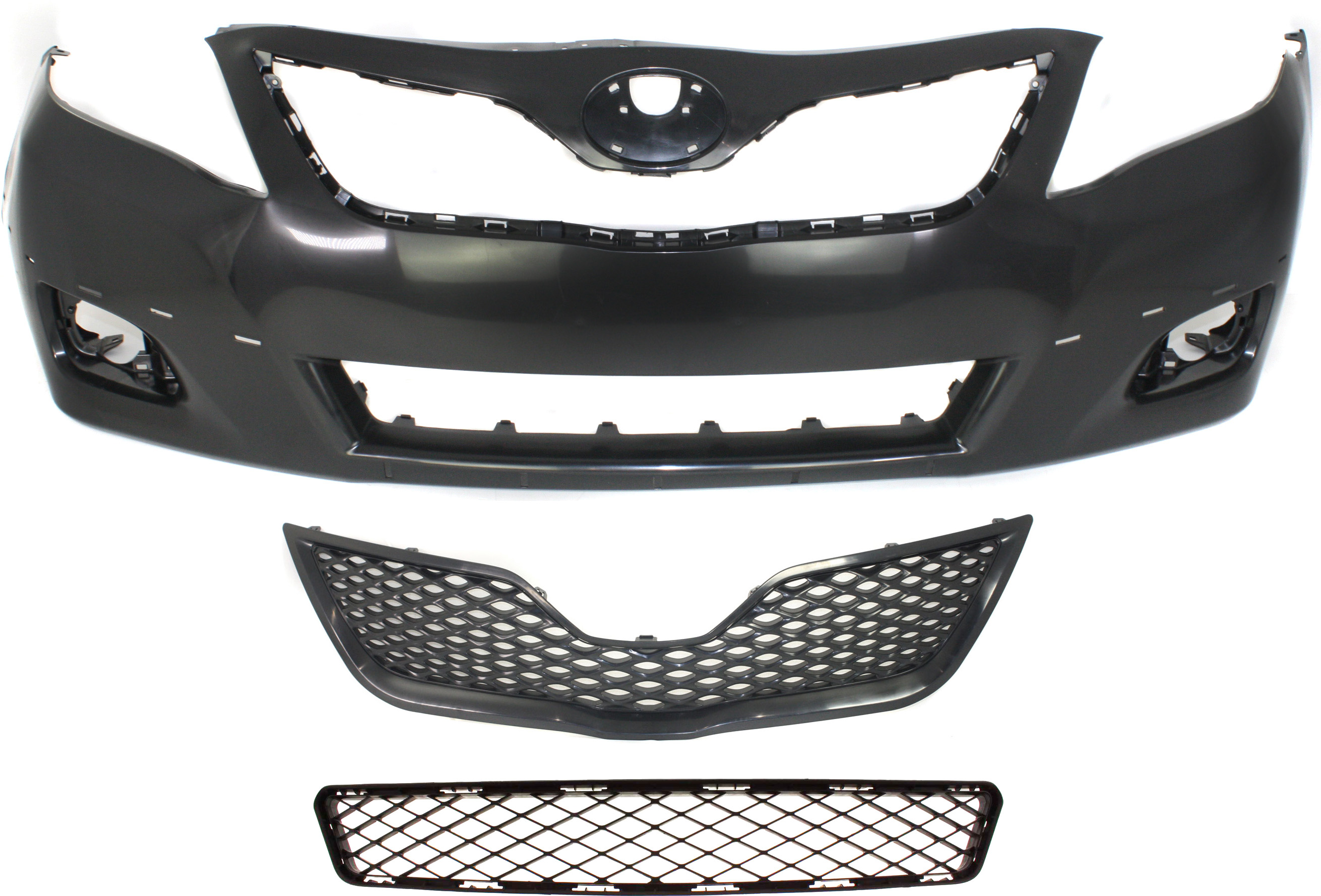 AM CAMRY 10-11 FRONT BUMPER COVER 3 pc Kit with Bumper Grille and Grille SKU KIT 021818-72 Partslink TO1000355 TO1036123 TO1200323 OEM 5211906959-5311206170-53101062