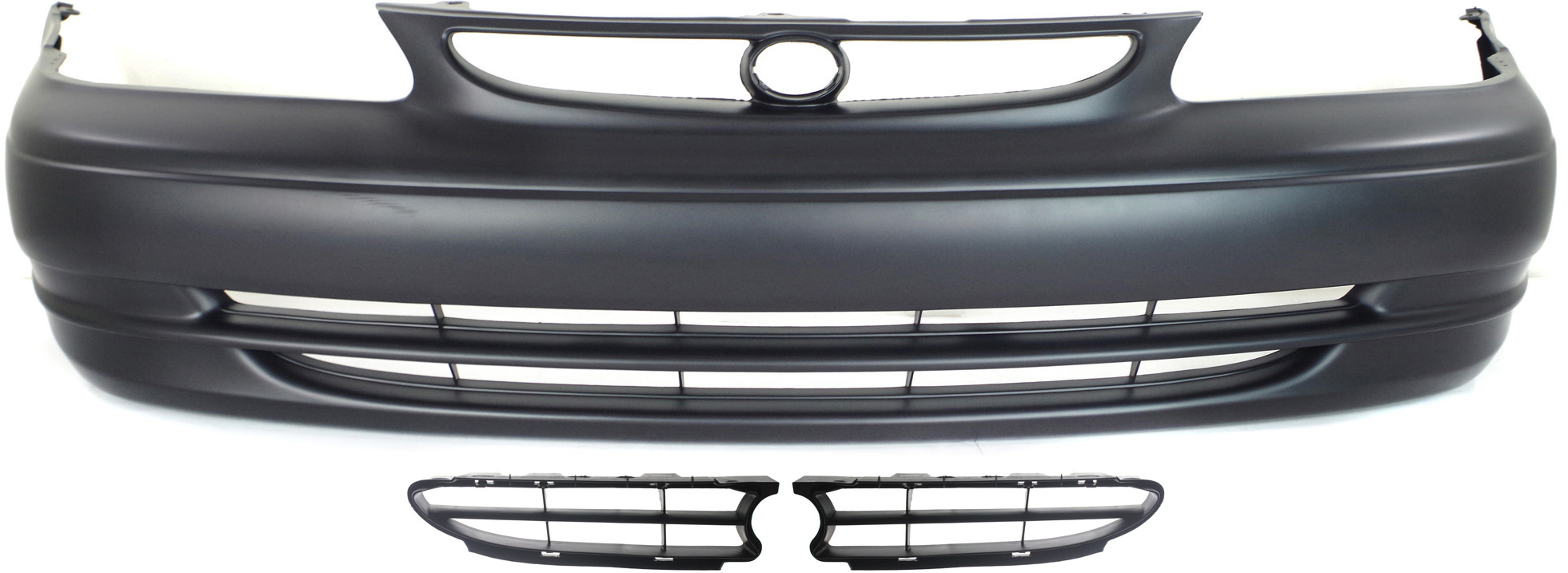 AM COROLLA 98-00 FRONT BUMPER COVER Primed 3 pc Kit with Grille Inserts SKU KIT 021818-86 Partslink TO1000189 TO1200214 TO1200215 OEM 5211902903-5311302010-53112020