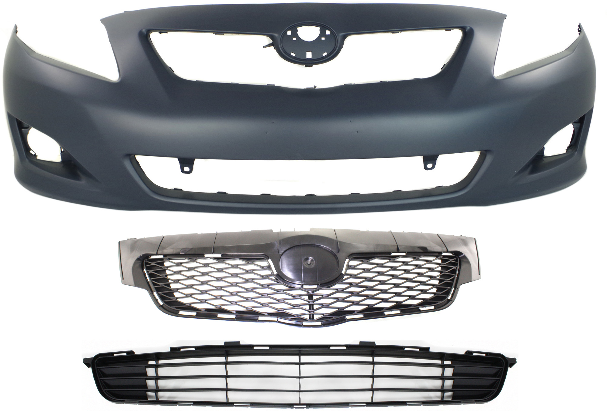 AM COROLLA 09-10 FRONT BUMPER COVER Primed Base CE LE XLE Models 3 pc Kit with Bumper Grille and Grille Assembly SKU KIT 021818-87 Partslink TO1000343 TO1036111 TO1200304 OEM 5211902990-5311202120-53111024