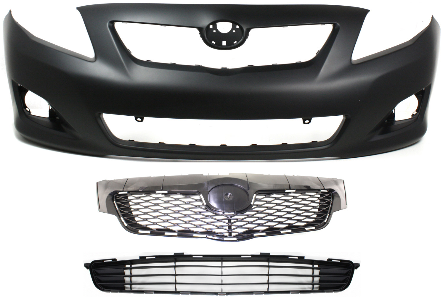 AM COROLLA 09-10 FRONT BUMPER COVER Primed S XRS Models 3 pc Kit with Bumper Grille and Grille Assembly SKU KIT 021818-88 Partslink TO1000342 TO1036111 TO1200304 OEM 5211902989-5311202120-53111024