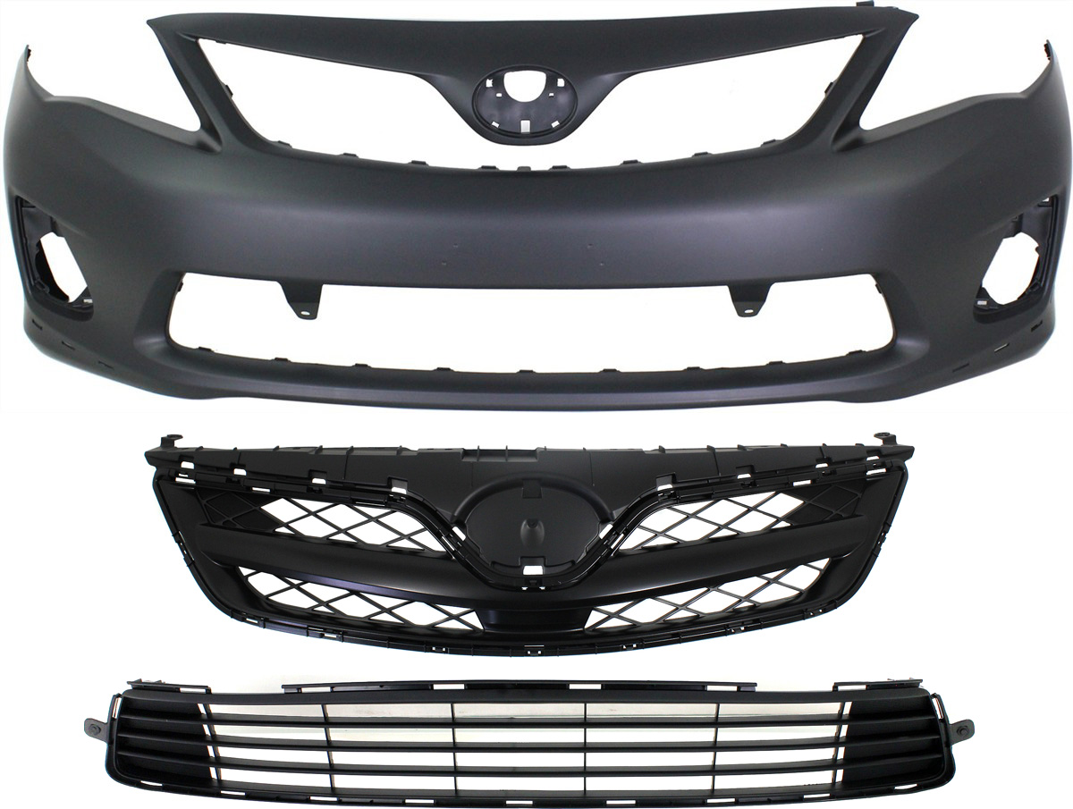 AM COROLLA 11-13 FRONT BUMPER COVER Primed 3 pc Kit w Bumper Grille and Grille Assembly SKU KIT 021818-89 Partslink TO1000373 TO1036125 TO1200340 OEM 5211903902-5311202280-53100024