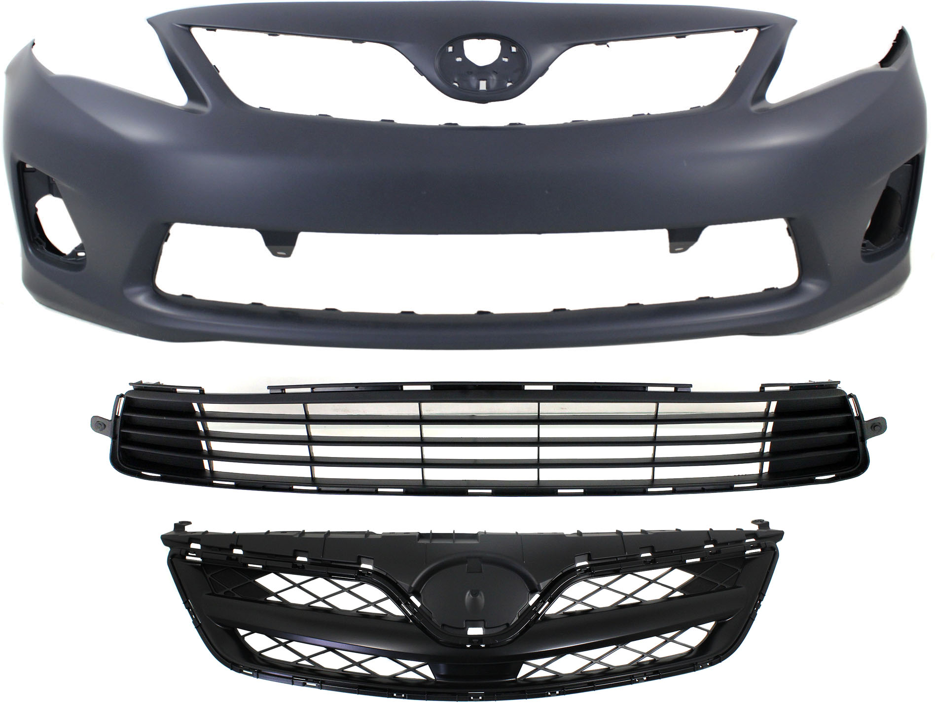 AM COROLLA 11-13 FRONT BUMPER COVER Primed 3 pc Kit w Bumper Grille and Grille Assembly SKU KIT 021818-90 Partslink TO1000372 TO1036125 TO1200340 OEM 5211903901-5311202280-53100024