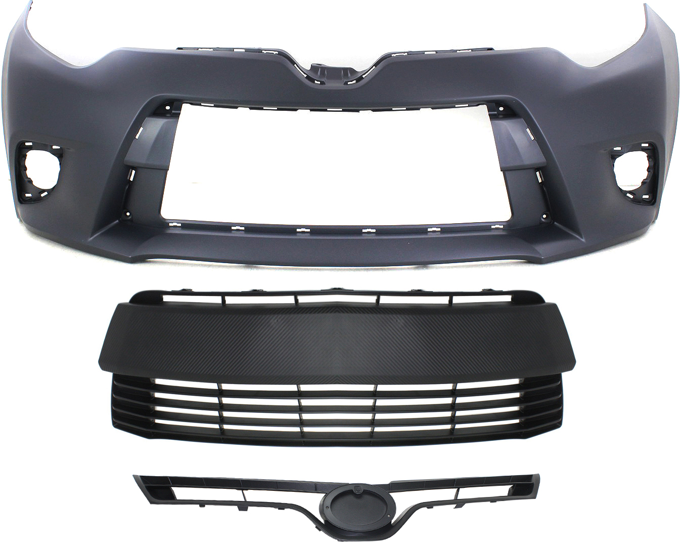 AM COROLLA 14-16 FRONT BUMPER COVER 3 pc Kit Primed CE L LE LE Eco LE Eco Plus 14-14 Models with Bumper Grille and Grille Assembly SKU KIT 021818-92 Partslink TO1000399 TO1036145 TO1200366 OEM 5211903904-5311202450-53100025