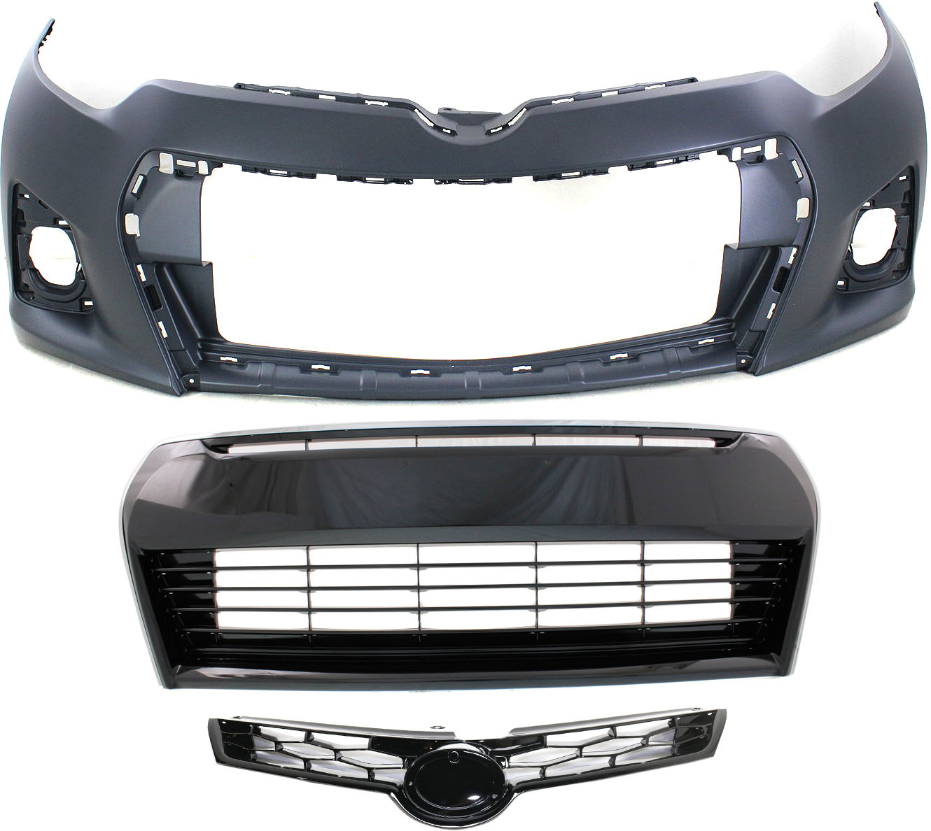 AM COROLLA 14-16 FRONT BUMPER COVER 3 pc Kit w Bumper Grille and Grille Assembly CAPA SKU KIT 021818-98 Partslink TO1000400C TO1036150C TO1200365C OEM 5211903906-5310002570-53102022
