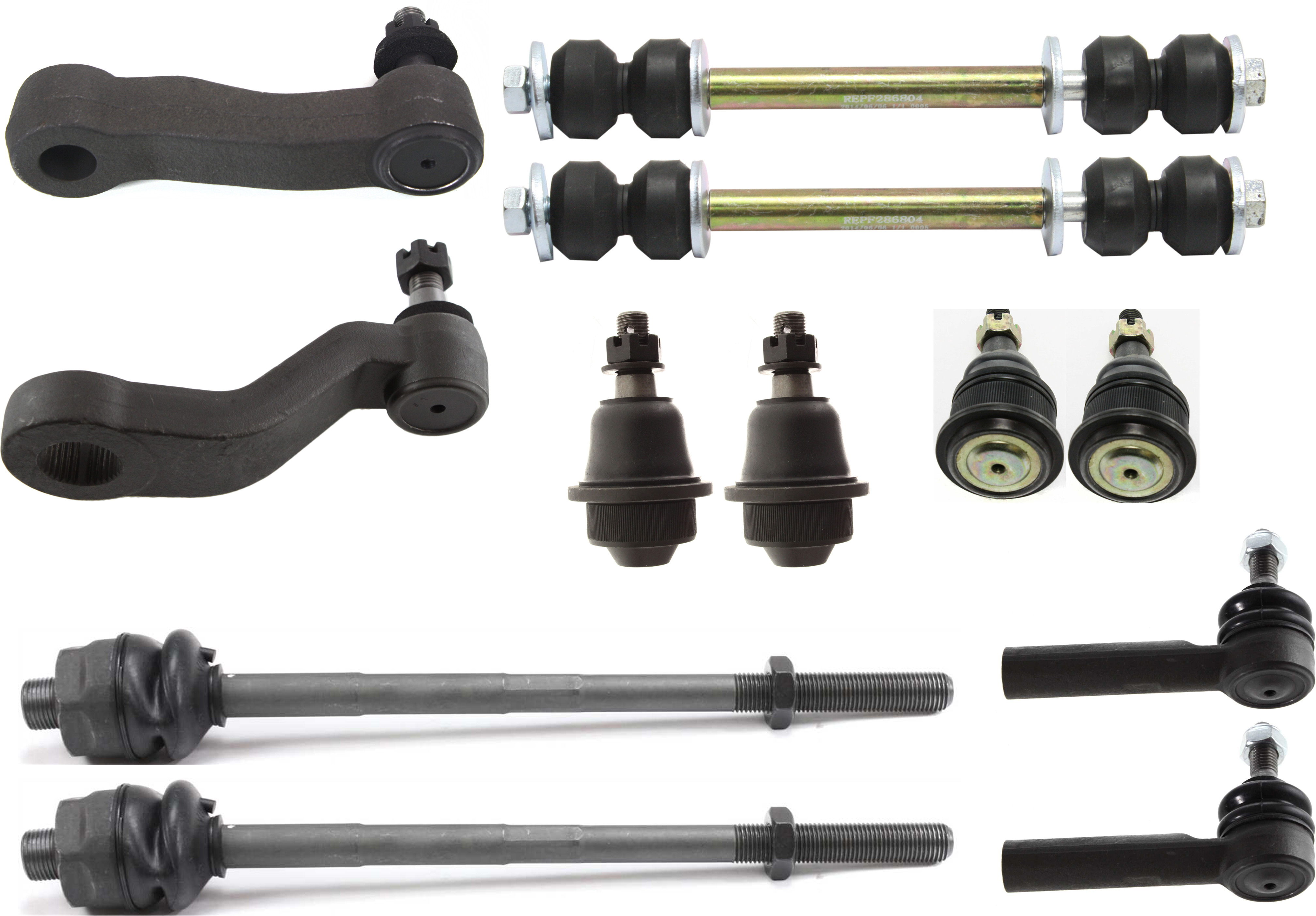 AM SIERRA SILVERADO 01-10 FRONT SUSPENSION KIT 12 pc Kit with Ball Joints Idler Arm Pitman Arm Sway Bar Links and Tie Rod Ends SKU KIT 021916-02 OEM 114327-2601529-2601654-5051