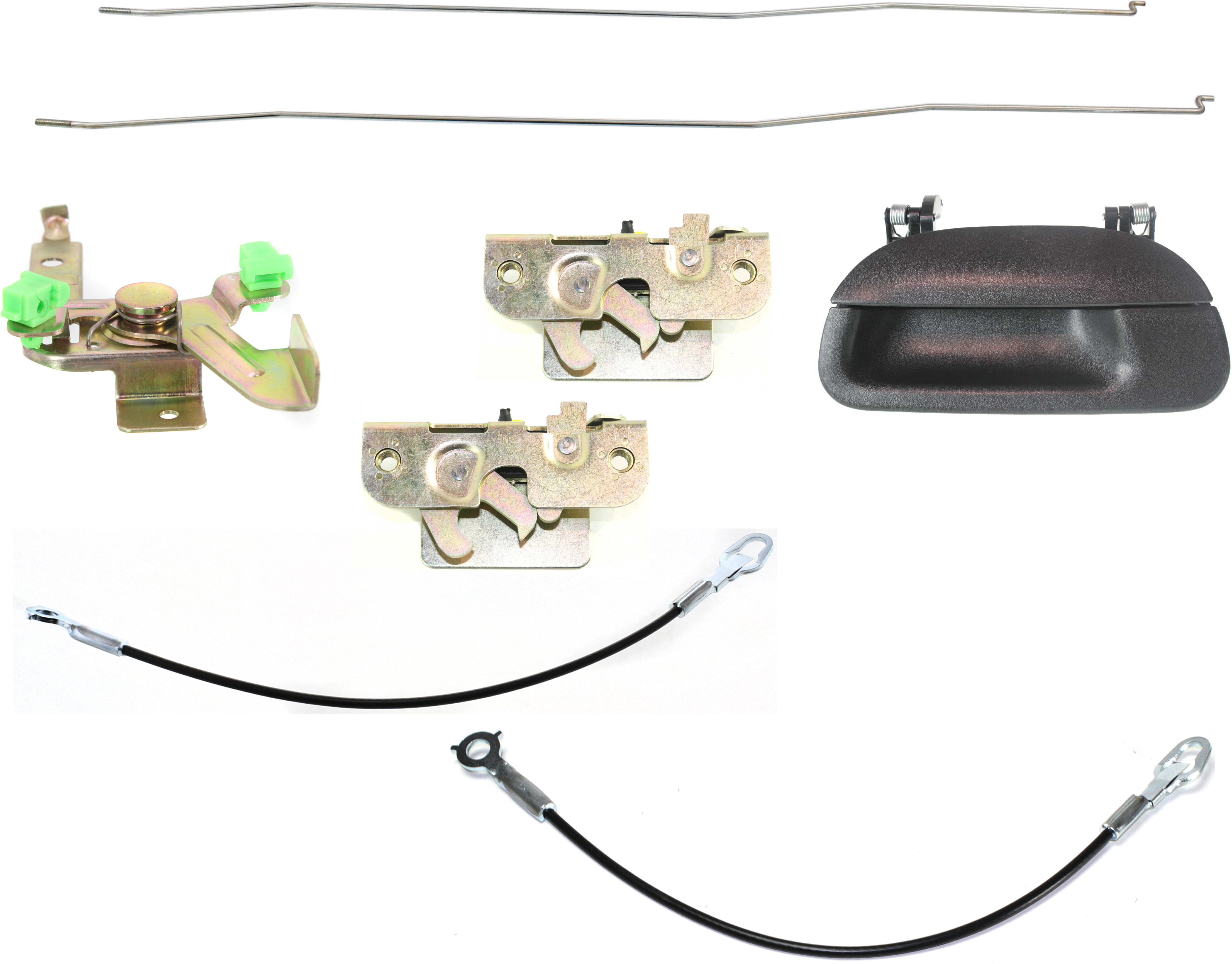 AM F SERIES 97-07 TAILGATE HANDLE Smooth Black w o Keyhole w o Tailgate Lock 8 pc Kit with Tailgate Latch and Tailgate Cable SKU KIT 022019-01 Partslink FO1915110 FO1918104 FO1918103 FO1911102 FO1912102 FO1911103 OEM 1L3Z9943400BAA 3L3Z9943052AA 3