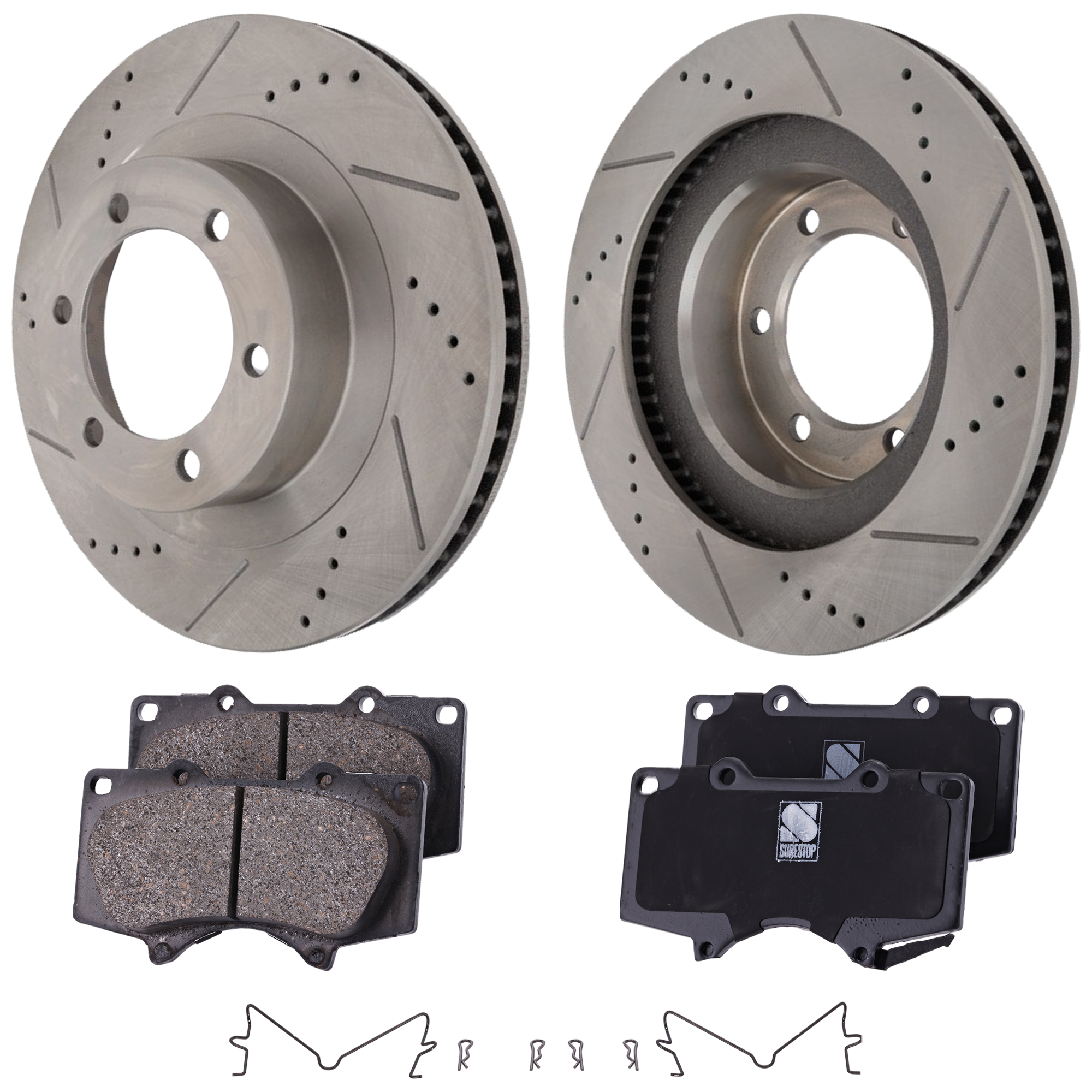 AM 4RUNNER 03-09 GX470-03-09 FRONT BRAKE DISC AND PAD KIT 3 pc kit Cross drilled and Slotted 6 Lugs Cast Iron Ceramic SKU KIT 022024-04 OEM 31326-145457-479505-980160-488