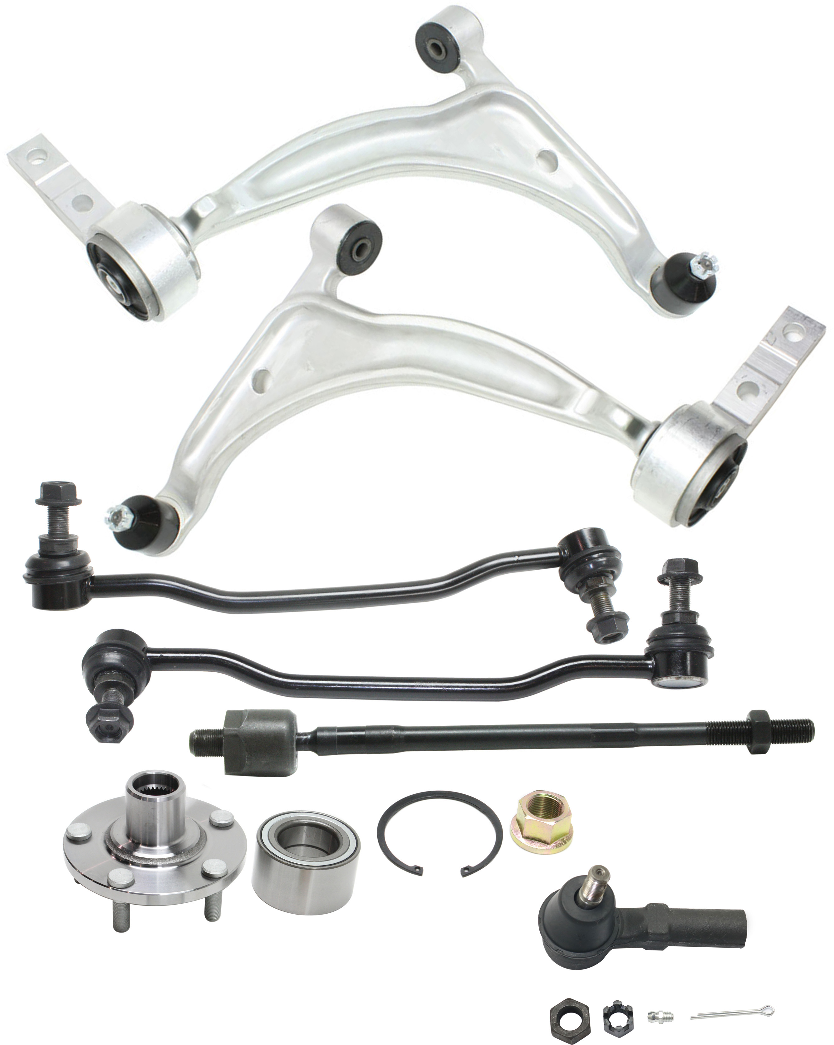 AM ALTIMA 05-06 CONTROL ARM KIT 10 Pc Kit Front RH and LH with Sway Bar Link Tie Rod End and Wheel Hub SKU KIT 022118-10 Partslink NI4520101 OEM 545007Y00A 545008J000-545017Y0