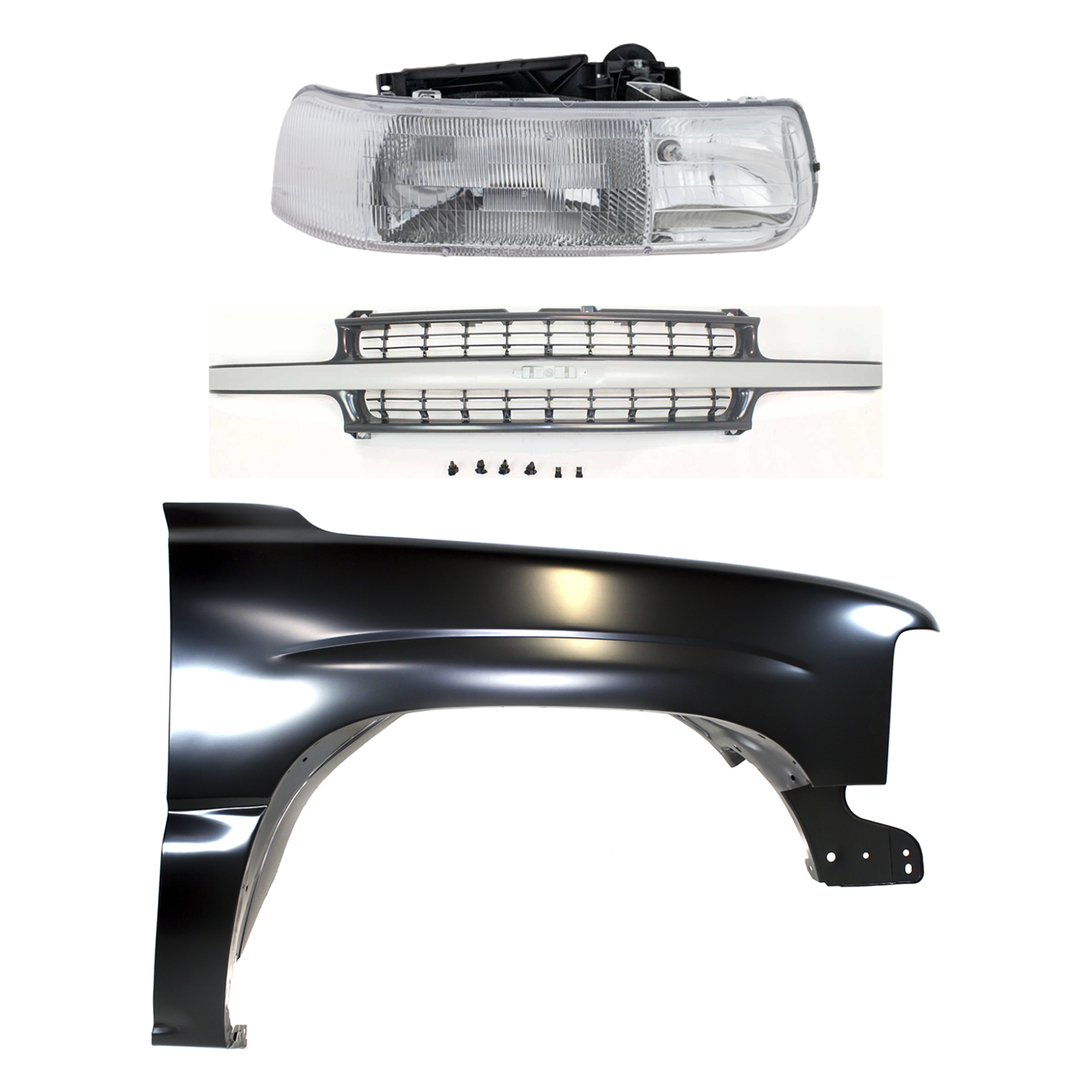 AM SILVERADO 1500-99-02 SUBURBAN 1500-00-06 FRONT FENDER RH Primed 3 pc Kit with Grille and Headlight SKU KIT 022123-0101 Partslink GM1241267 GM1200425 GM2503187 OEM 12476220-88968935-16526134