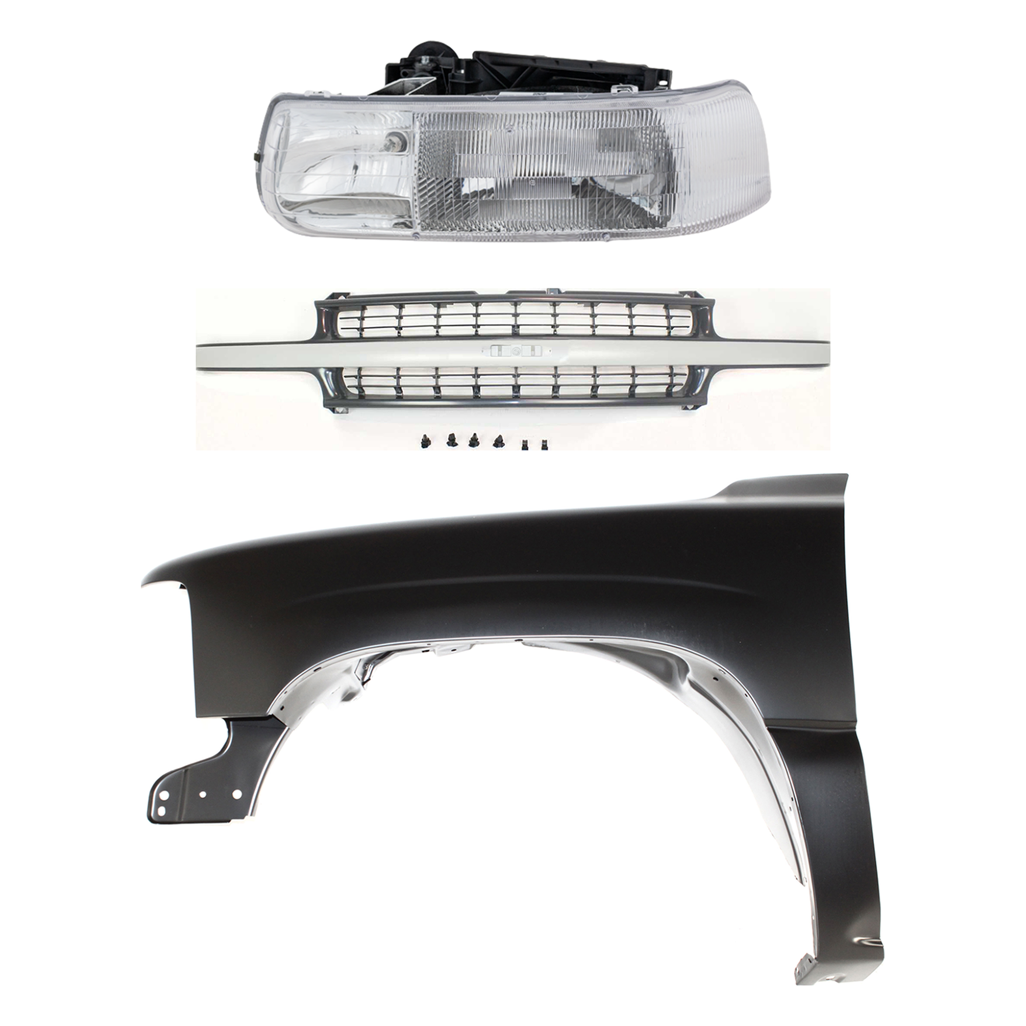 AM SILVERADO 1500 SILVERADO 2500-99-02 FRONT FENDER LH Primed 3 pc Kit with Grille and Headlight SKU KIT 022123-0102 Partslink GM1240267 GM1200425 GM2502187 OEM 19168844-88968935-16526133