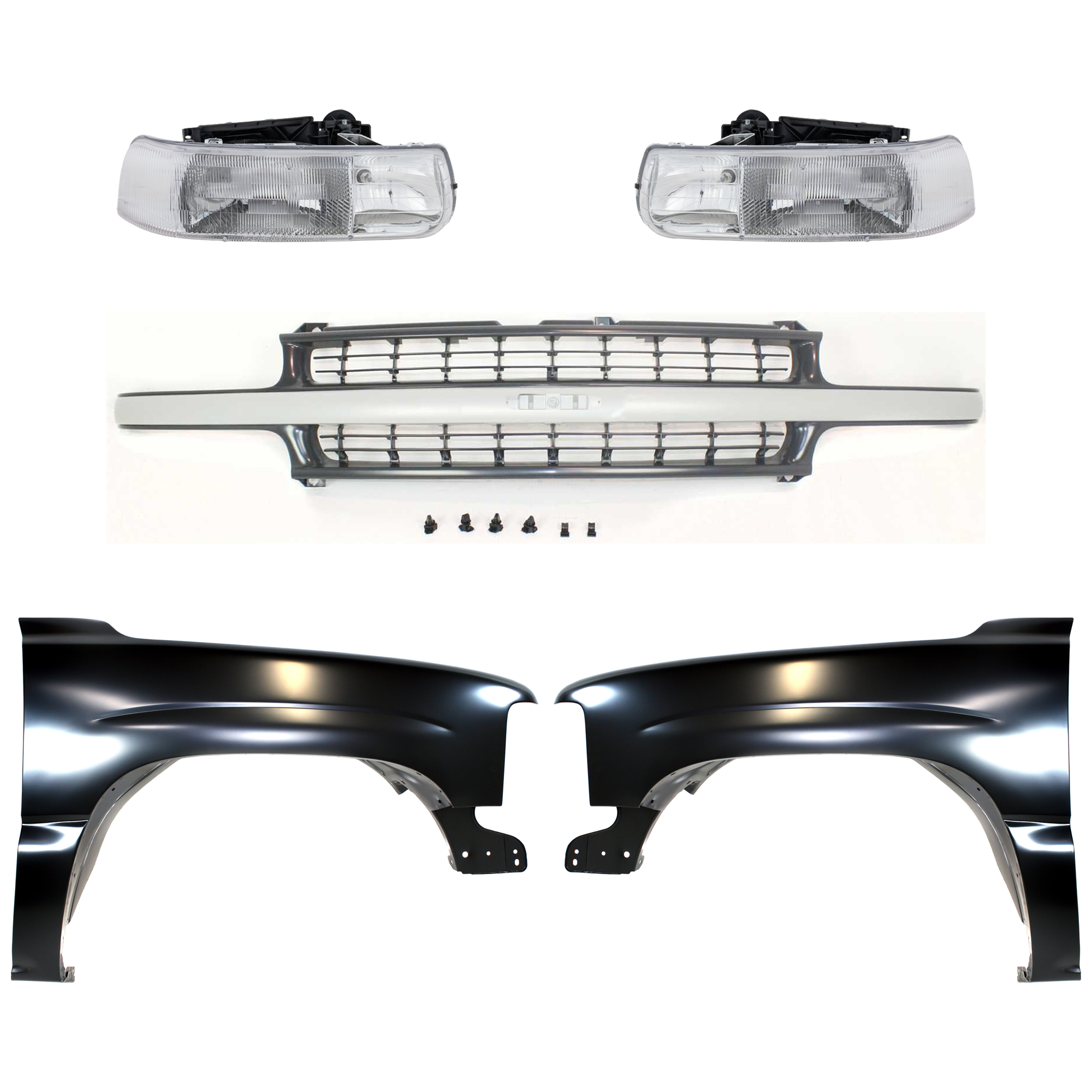 AM SILVERADO 1500 SILVERADO 2500-99-02 FRONT FENDER RH AND LH Primed 5 pc Kit with Grille and Headlights SKU KIT 022123-01 Partslink GM1240267 GM1241267 GM1200425 GM2502187 GM2503187 OEM 12476220-19168844-88968935-165