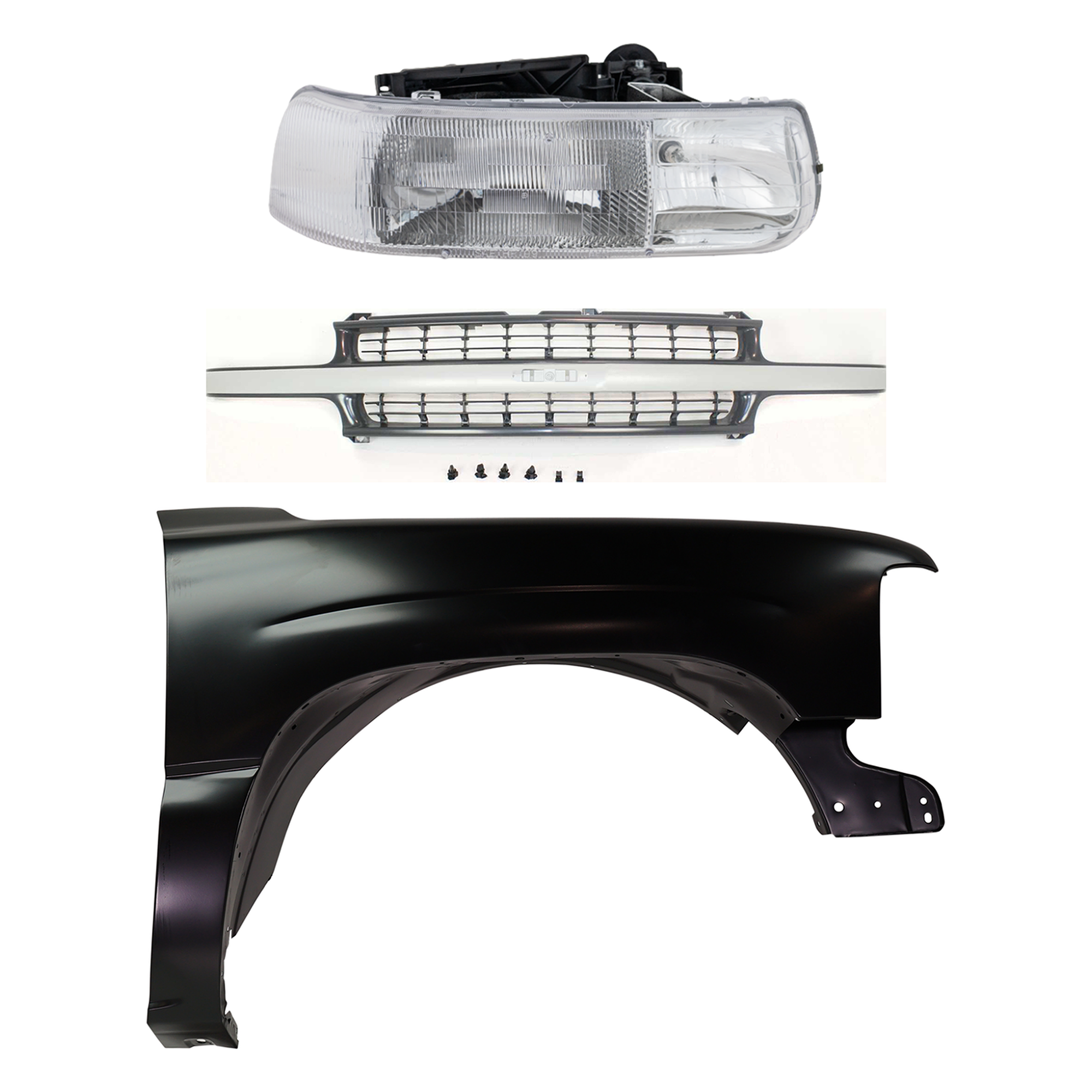 AM SILVERADO 1500-2500-99-02 TAHOE 00-06 FRONT FENDER RH Primed 3 pc Kit with Grille and Headlight CAPA SKU KIT 022123-0301 Partslink GM1200425 GM1241267C GM2503187C OEM 12476220-16526134-88968935