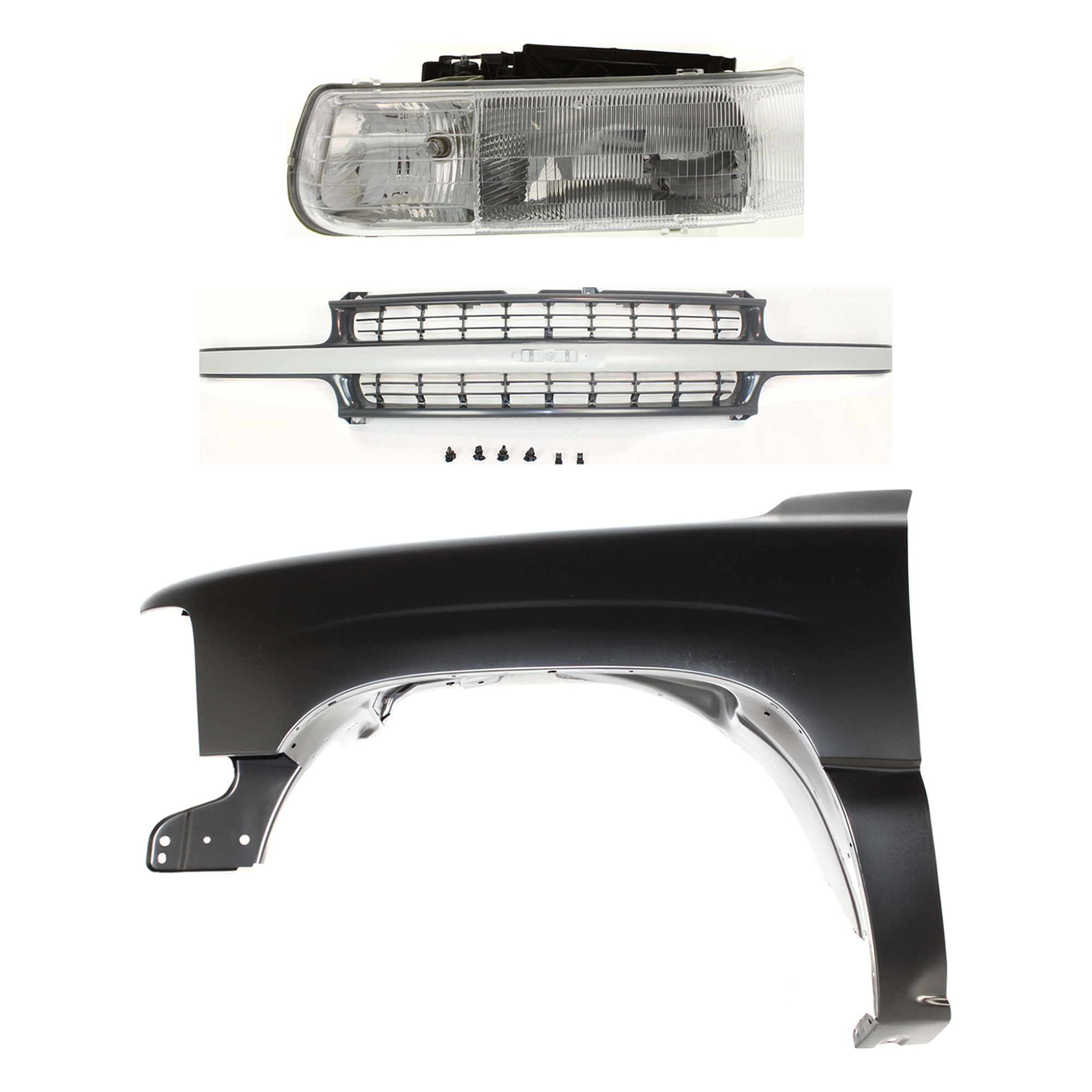 AM SILVERADO 1500-2500-99-02 TAHOE 00-06 FRONT FENDER LH Primed 3 pc Kit with Grille and Headlight SKU KIT 022123-0302 Partslink GM1200425 GM1240267C GM2502187C OEM 16526133-19168844-88968935