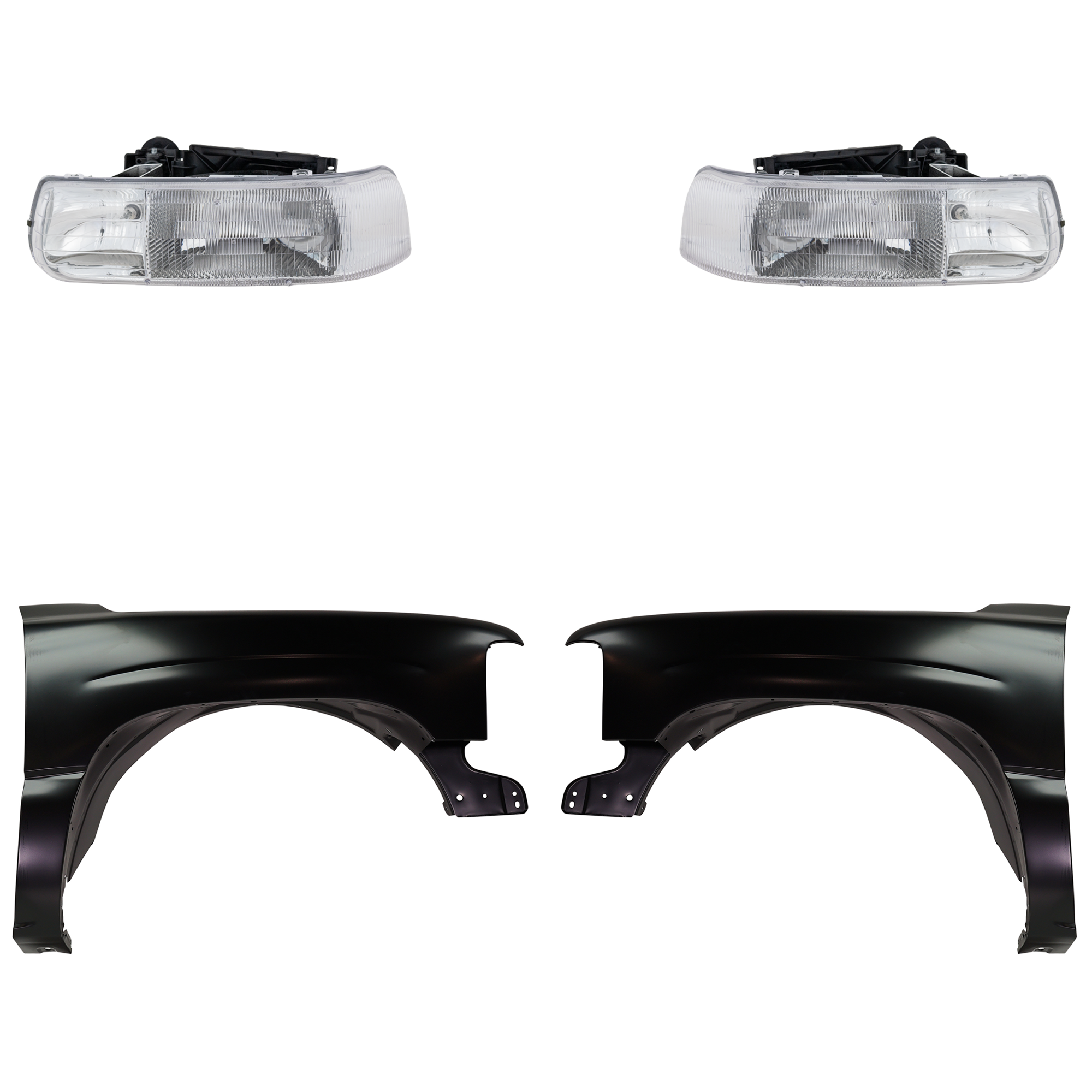 AM SILVERADO 1500-2500-99-02 TAHOE 00-06 FRONT FENDER RH AND LH Primed 4 pc Kit with Headlights SKU KIT 022123-0303 Partslink GM1240267C GM1241267C GM2502187C GM2503187C OEM 12476220-16526133-16526134-191
