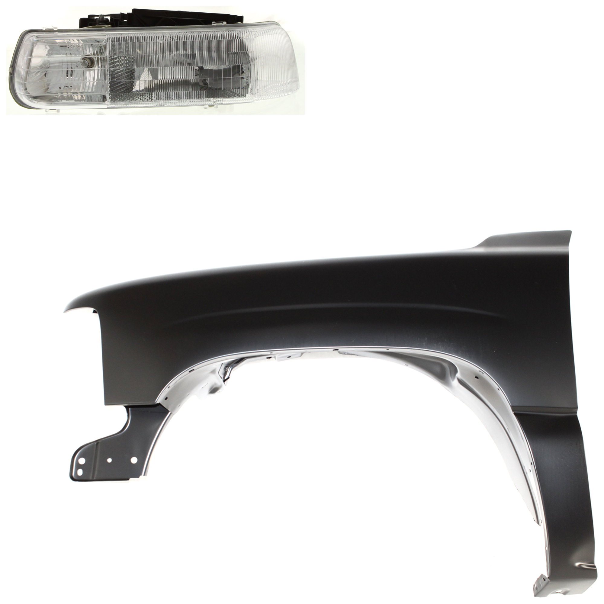 AM SILVERADO 1500-2500-99-02 TAHOE 00-06 FRONT FENDER LH Primed 2 pc Kit with Headlight SKU KIT 022123-0305 Partslink GM1240267C GM2502187C OEM 16526133-19168844