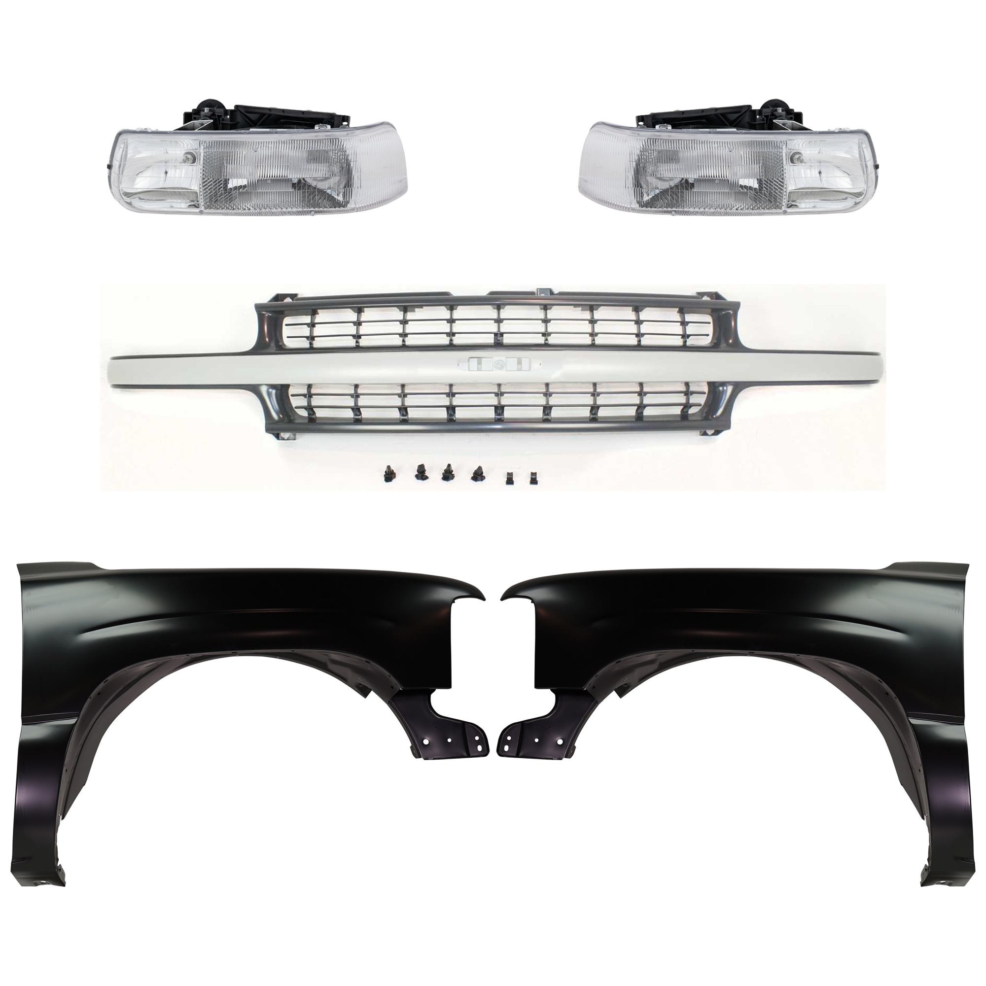 AM SILVERADO 1500-2500-99-02 TAHOE 00-06 FRONT FENDER RH AND LH Primed 5 pc Kit with Grille and Headlights SKU KIT 022123-03 Partslink GM1200425 GM1240267C GM1241267C GM2502187C GM2503187C OEM 12476220-16526133-16526134-191
