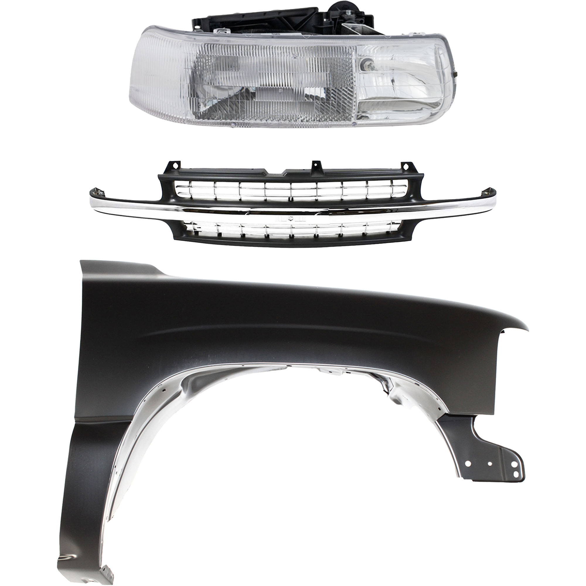 AM SILVERADO 1500 SILVERADO 2500-99-02 FRONT FENDER RH Primed 3 pc Kit with Grille and Headlight SKU KIT 022123-0401 Partslink GM1241267 GM1200424 GM2503187 OEM 12476220-15764313-16526134