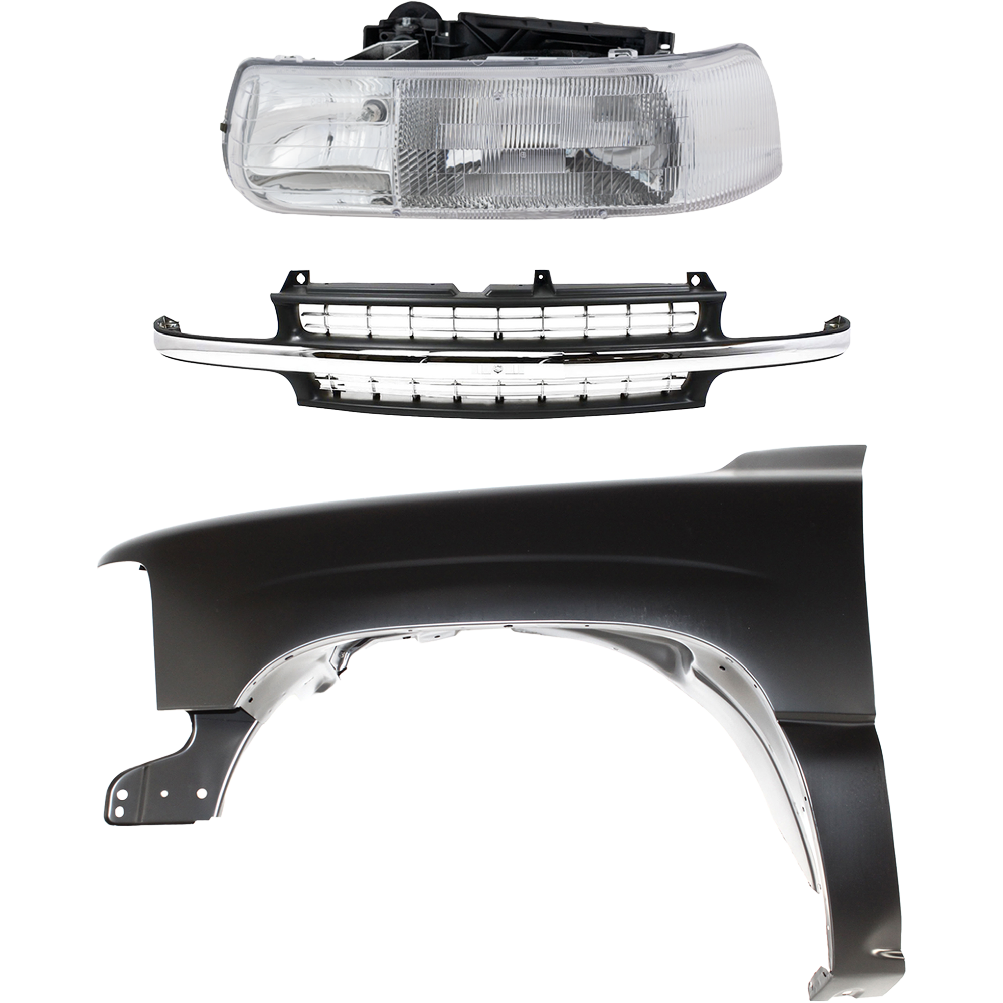 AM SILVERADO 1500 SILVERADO 2500-99-02 FRONT FENDER LH Primed 3 pc Kit with Grille and Headlight SKU KIT 022123-0402 Partslink GM1240267 GM1200424 GM2502187 OEM 19168844-15764313-16526133