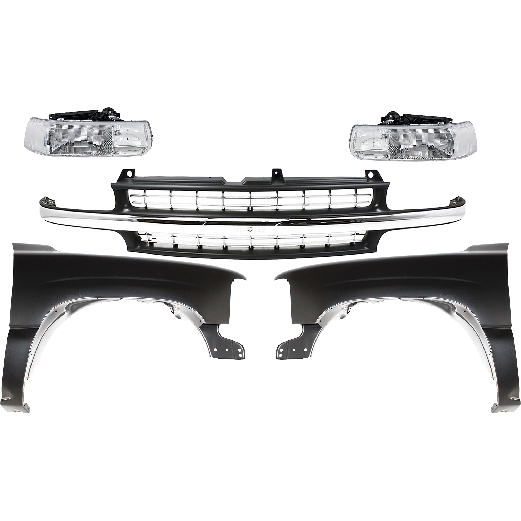 AM SILVERADO 1500 SILVERADO 2500-99-02 FRONT FENDER RH AND LH Primed 5 pc Kit with Grille and Headlights SKU KIT 022123-04 Partslink GM1240267 GM1241267 GM1200424 GM2502187 GM2503187 OEM 12476220-19168844-15764313-165