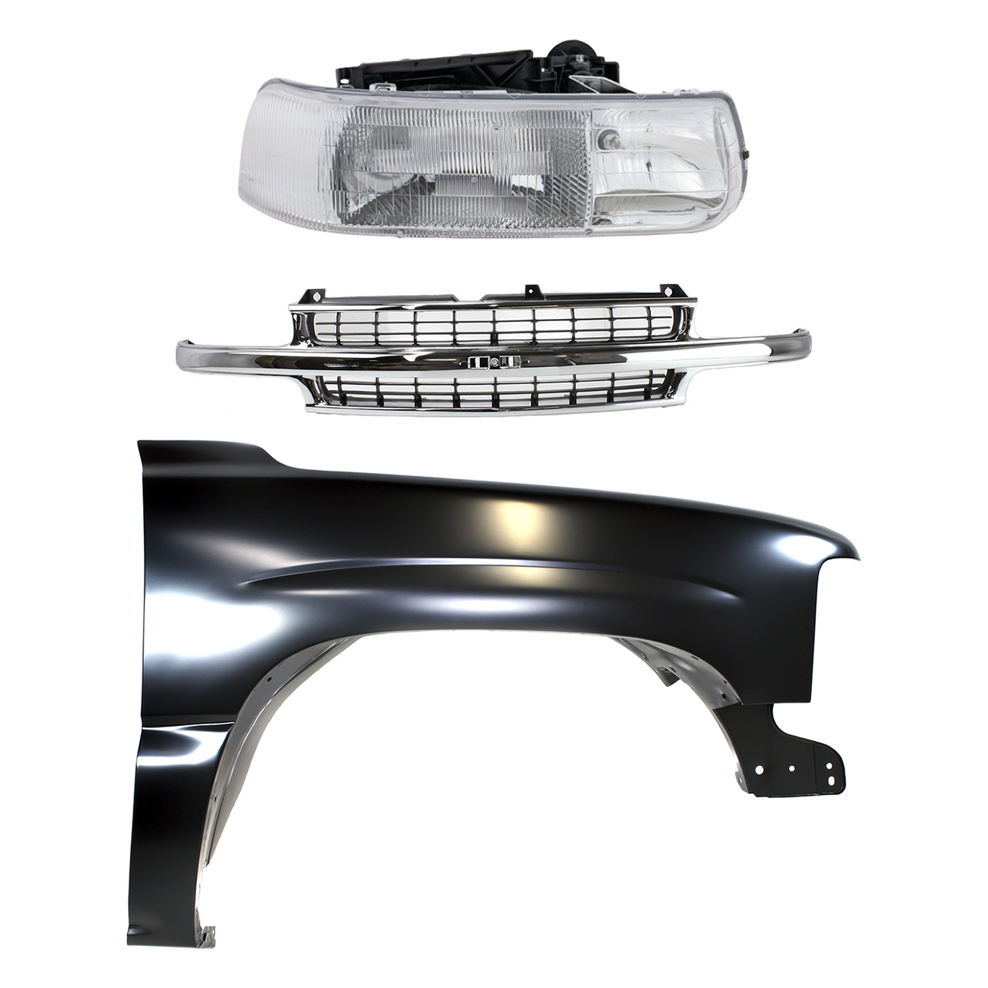 AM SILVERADO 1500-99-02 SUBURBAN 1500-00-06 GRILLE Cross bar insert Chrome Shell with Black Insert 3 pc Kit with Fender and Headlight SKU KIT 022123-0701 Partslink GM1200442 GM1241267 GM2503187 OEM 88968934-12476220-16526134