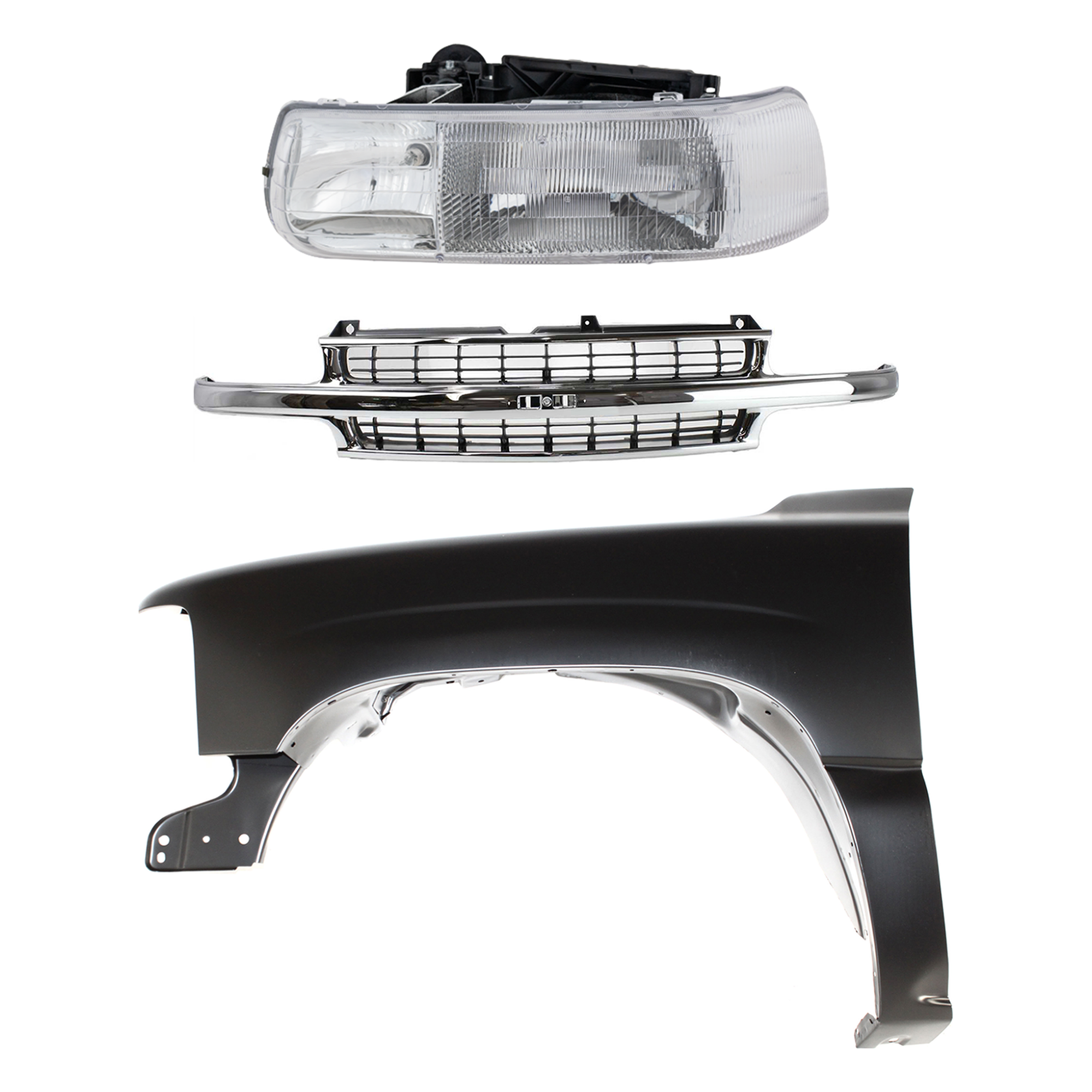 AM SILVERADO 1500-99-02 SUBURBAN 1500-00-06 GRILLE Cross bar insert Chrome Shell with Black Insert 3 pc Kit with Fender and Headlight SKU KIT 022123-0702 Partslink GM1200442 GM1240267 GM2502187 OEM 88968934-19168844-16526133
