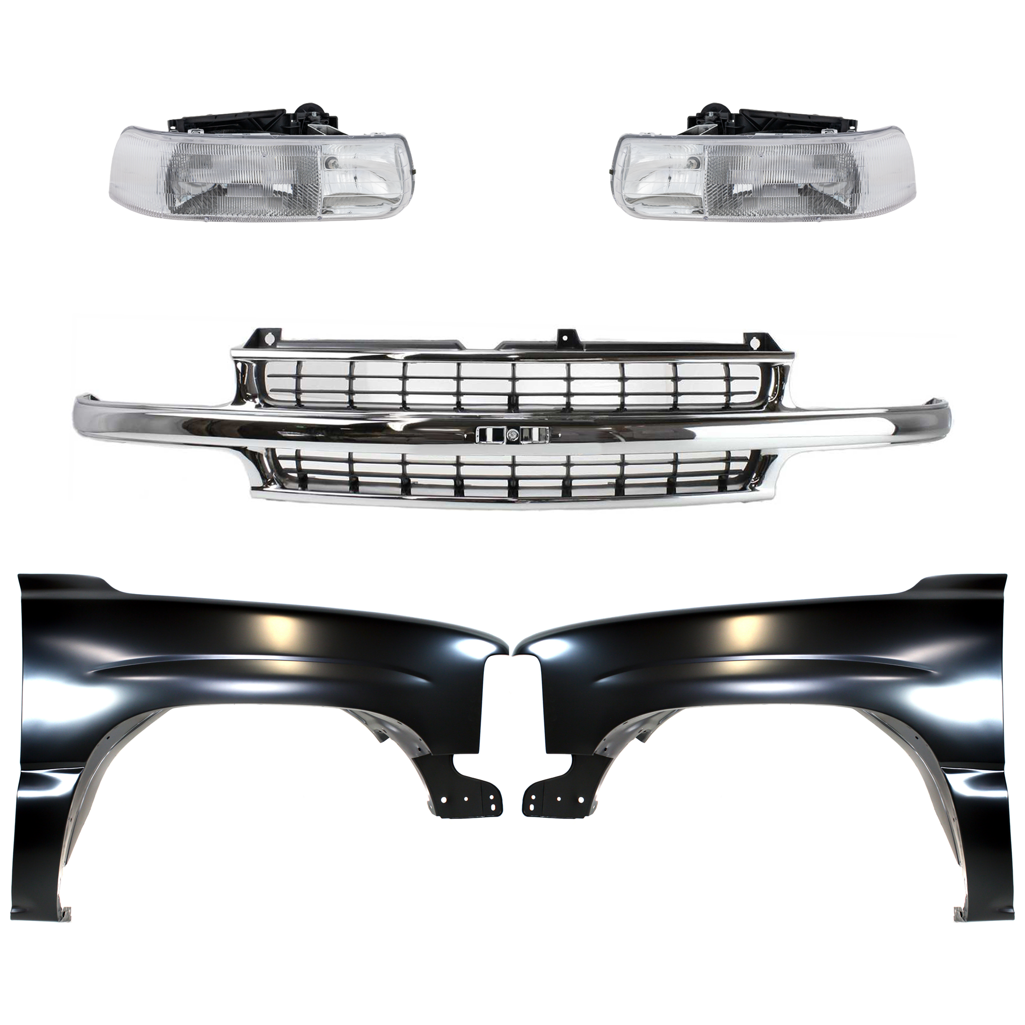 AM SILVERADO 1500 SILVERADO 2500-99-02 SUBURBAN 1500-00-06 GRILLE 5 pc Kit with Fenders and Headlights SKU KIT 022123-07 Partslink GM1200442 GM1240267 GM1241267 GM2502187 GM2503187 OEM 88968934-19168844-12476220-165