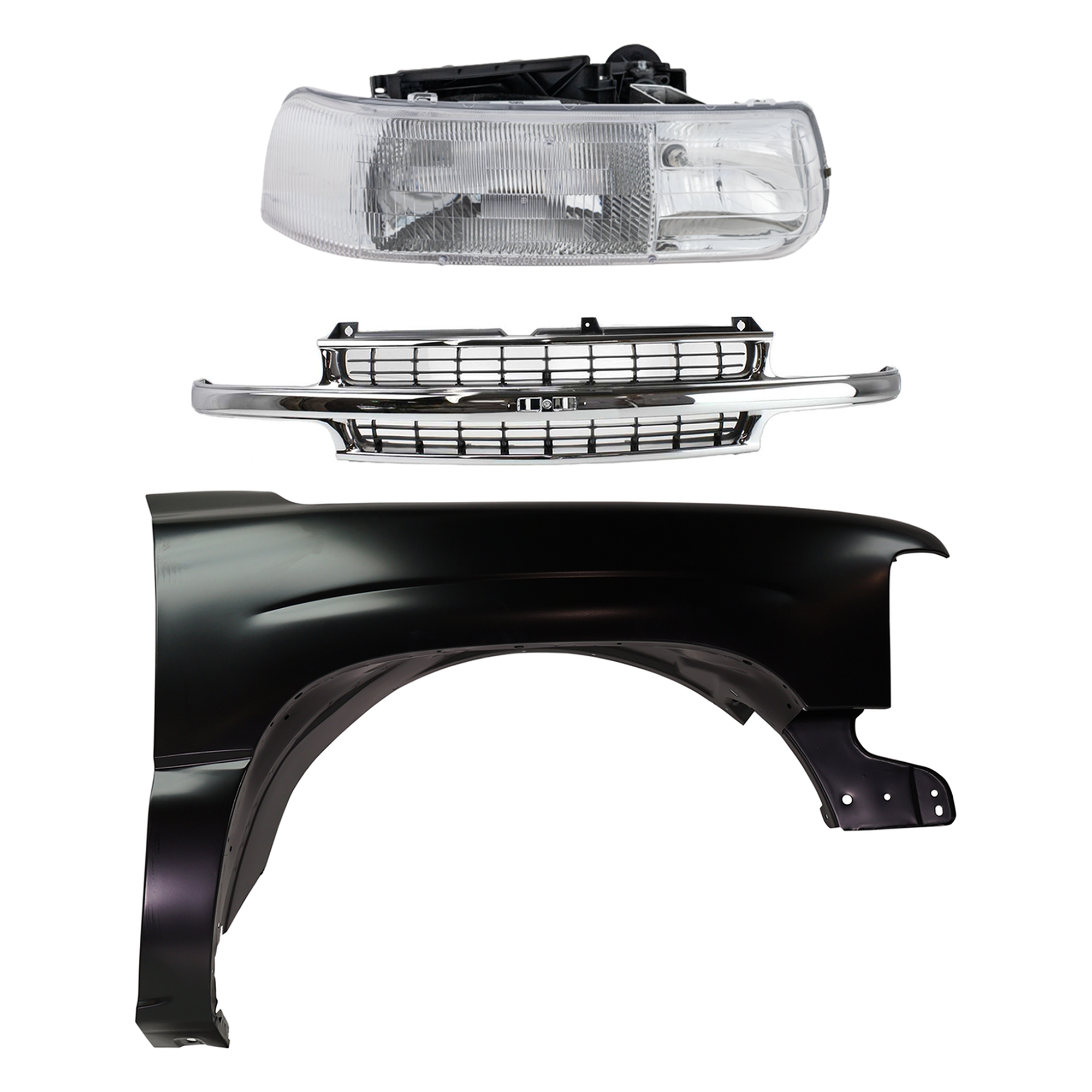 AM SILVERADO 1500-99-02 SUBURBAN 1500-00-06 GRILLE Cross bar insert Chrome Shell with Black Insert 3 pc Kit with Fender and Headlight SKU KIT 022123-0901 Partslink GM1200442 GM1241267C GM2503187C OEM 12476220-16526134-88968934