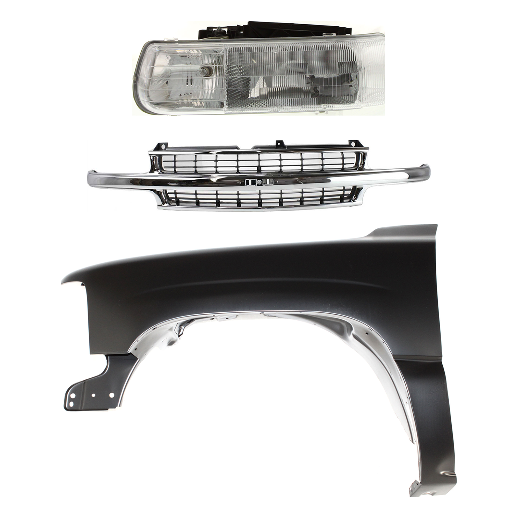 AM SILVERADO 1500-99-02 SUBURBAN 1500-00-06 GRILLE Cross bar insert Chrome Shell with Black Insert 3 pc Kit with Fender and Headlight SKU KIT 022123-0902 Partslink GM1200442 GM1240267C GM2502187C OEM 16526133-19168844-88968934