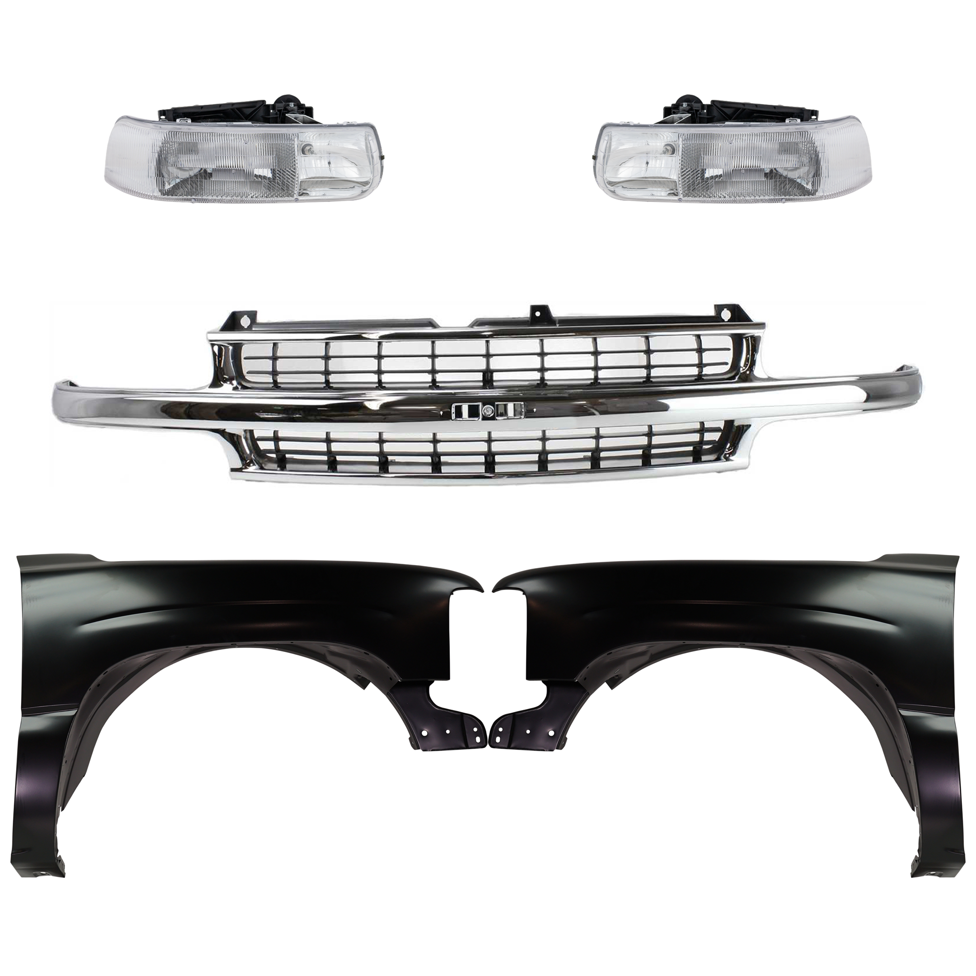 AM SILVERADO 1500 SILVERADO 2500-99-02 SUBURBAN 1500-00-06 GRILLE 5 pc Kit with Fenders and Headlights SKU KIT 022123-09 Partslink GM1200442 GM1240267C GM1241267C GM2502187C GM2503187C OEM 12476220-16526133-16526134-191