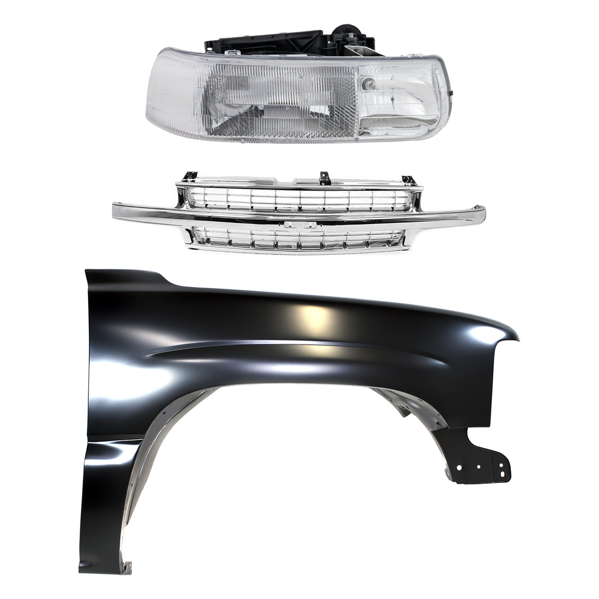 AM SILVERADO 1500 SILVERADO 2500-99-02 GRILLE Cross bar insert Chrome Shell and Insert 3 pc Kit with Fender and Headlight SKU KIT 022123-1001 Partslink GM1241267 GM2503187 OEM 88968934 PFM 12476220-16526134