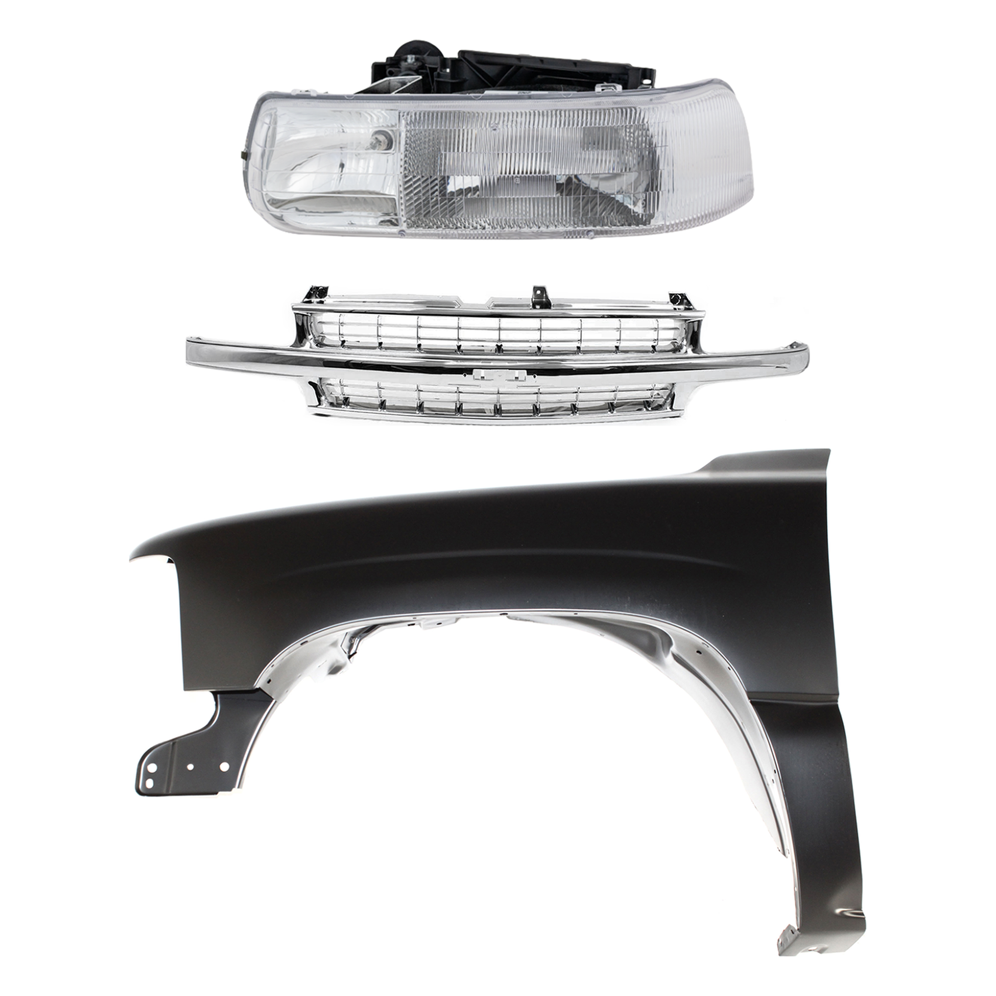 AM SILVERADO 1500 SILVERADO 2500-99-02 GRILLE Cross bar insert Chrome Shell and Insert 3 pc Kit with Fender and Headlight SKU KIT 022123-1002 Partslink GM1240267 GM2502187 OEM 88968934 PFM 19168844-16526133