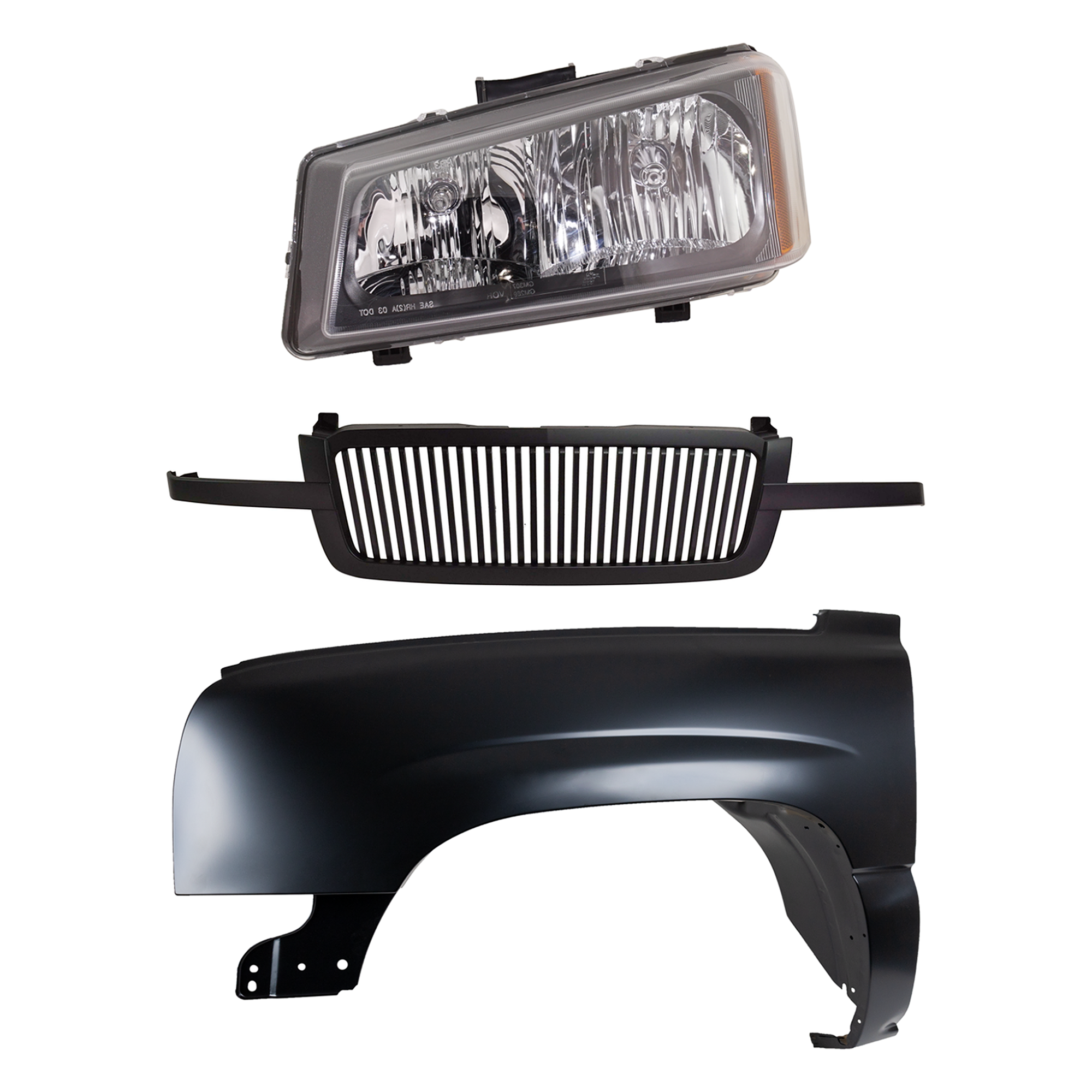 AM CHEVROLET C K FULL SIZE PICKUP 03-07 FRONT FENDER LH Primed 3 pc Kit with Grille and Headlight SKU KIT 022123-10402 Partslink GM1240305 GM2502224 OEM 88944420 Performance 10396913