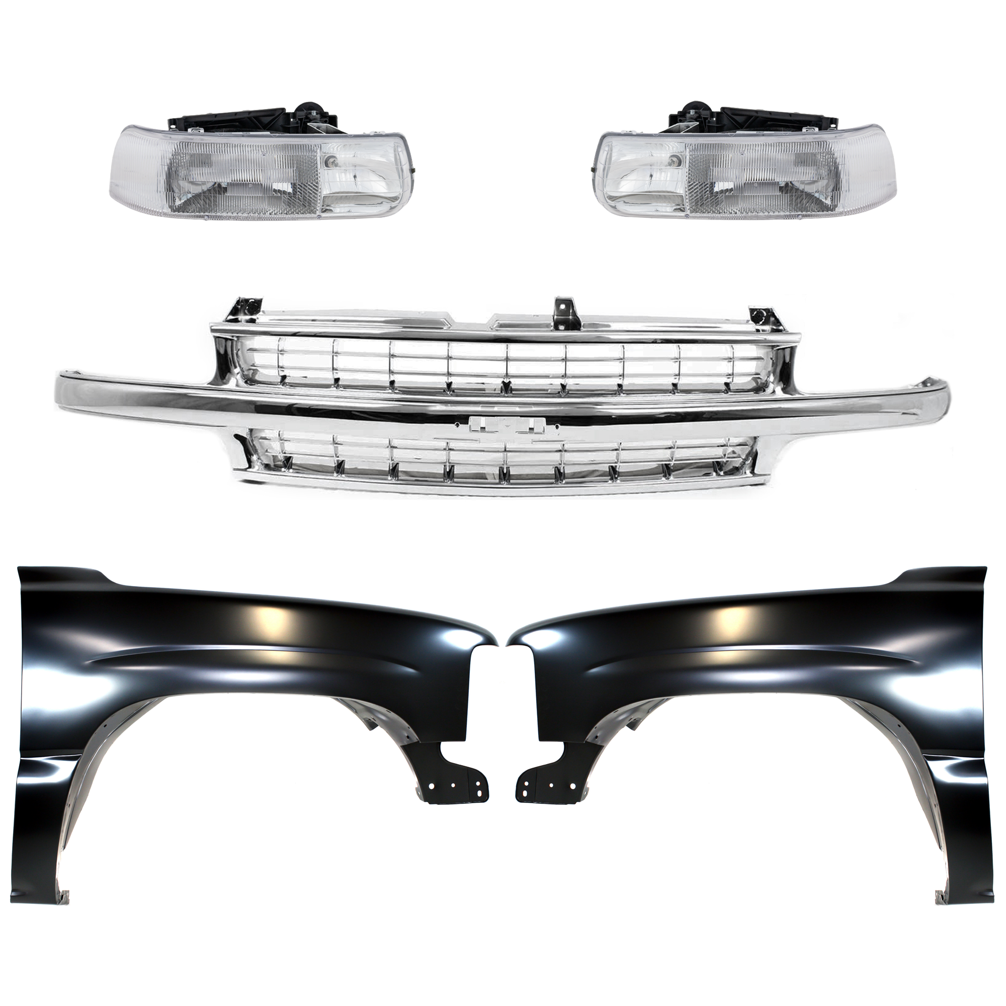 AM SILVERADO 1500 SILVERADO 2500-99-02 GRILLE Cross bar insert Chrome Shell and Insert 5 pc Kit with Fenders and Headlights SKU KIT 022123-10 Partslink GM1240267 GM1241267 GM2502187 GM2503187 OEM 88968934 PFM 19168844-12476220