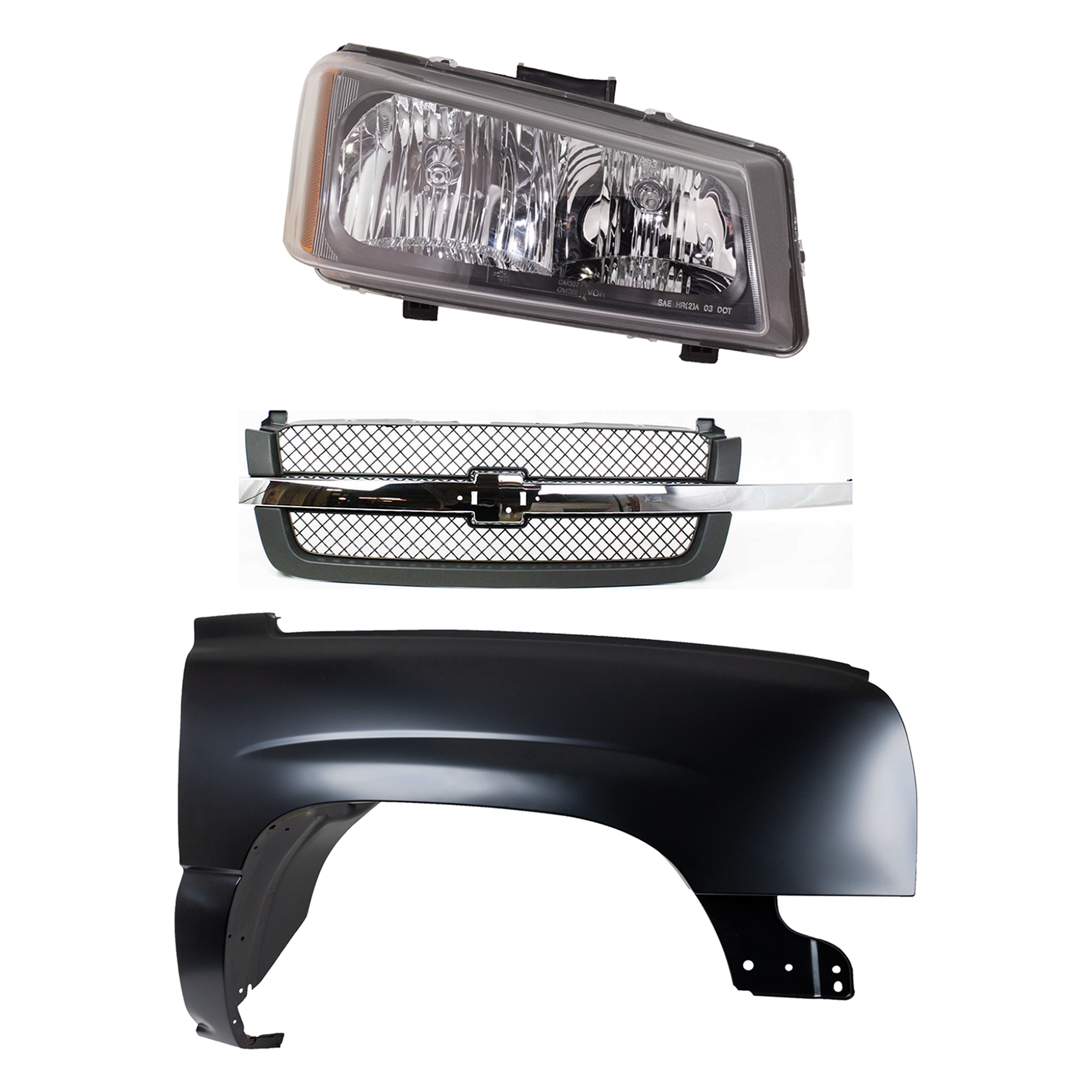 AM CHEVROLET C K FULL SIZE PICKUP 03-07 FRONT FENDER RH 3 pc kit Primed w Grille and Headlight SKU KIT 022123-11501 Partslink GM1241305 GM1200474 GM2503224 OEM 88944419-88968933-10396912 PFM