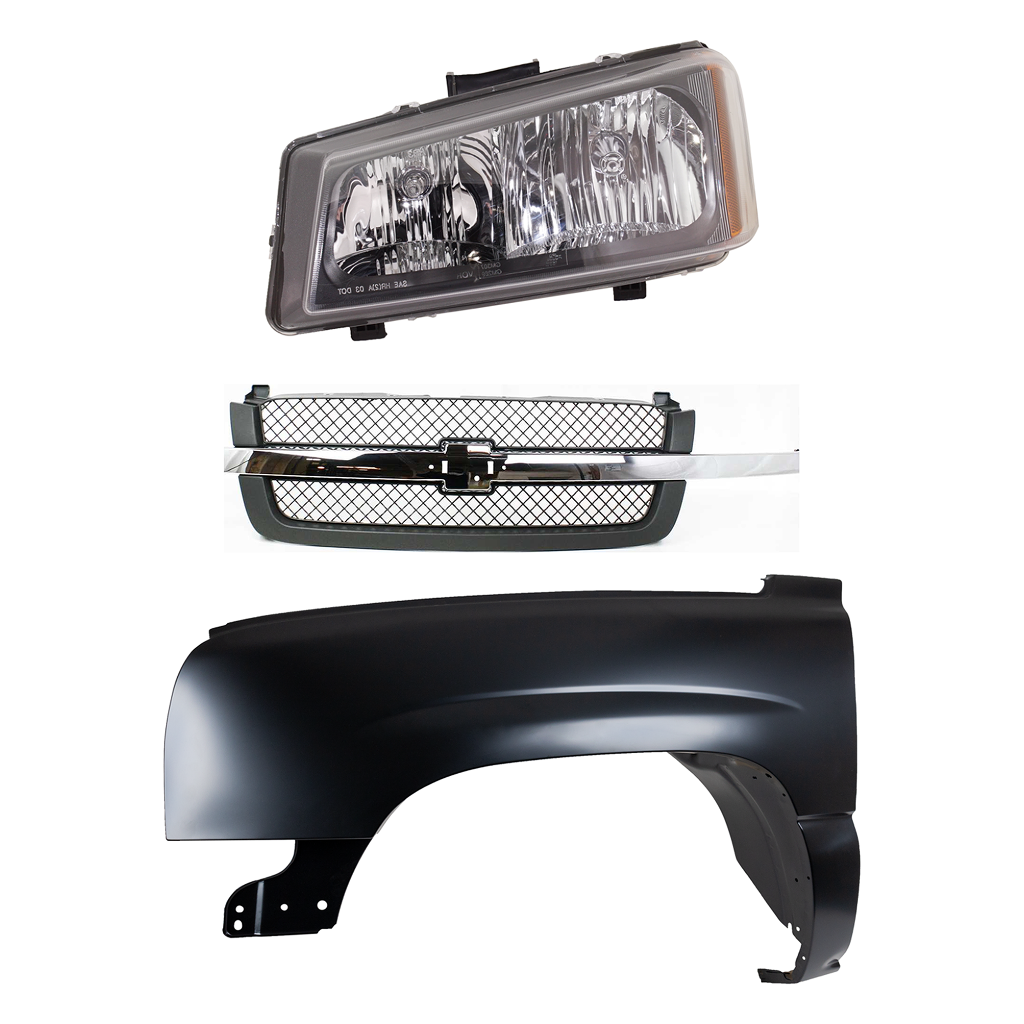 AM CHEVROLET C K FULL SIZE PICKUP 03-07 FRONT FENDER LH 3 pc kit Primed w Grille and Headlight SKU KIT 022123-11502 Partslink GM1240305 GM1200474 GM2502224 OEM 88944420-88968933-10396913 PFM