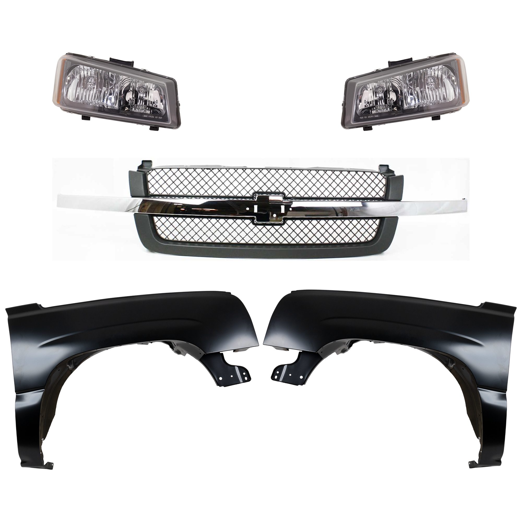 AM CHEVROLET C K FULL SIZE PICKUP 03-07 FRONT FENDER RH AND LH 5 pc kit Primed w Grille and Headlight SKU KIT 022123-115 Partslink GM1240305 GM1241305 GM1200474 GM2502224 GM2503224 OEM 88944419-88944420-88968933-103